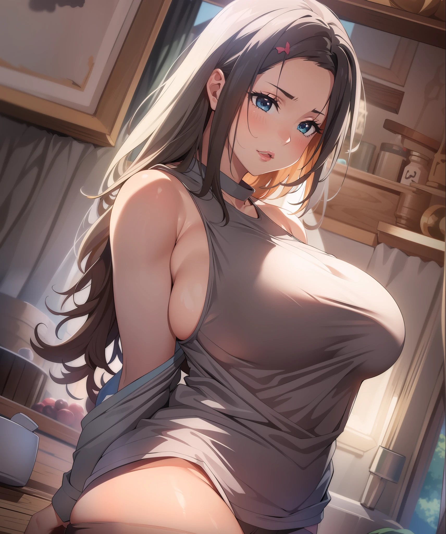 (((SFW, masterpiece))), (breast expansion), 1girl, anatomically correct, oppai, anime, playful, seductive, ((huge breasts)), wearing tight tank top, bursting breasts, soft lighting, depth of field, realistic art style,