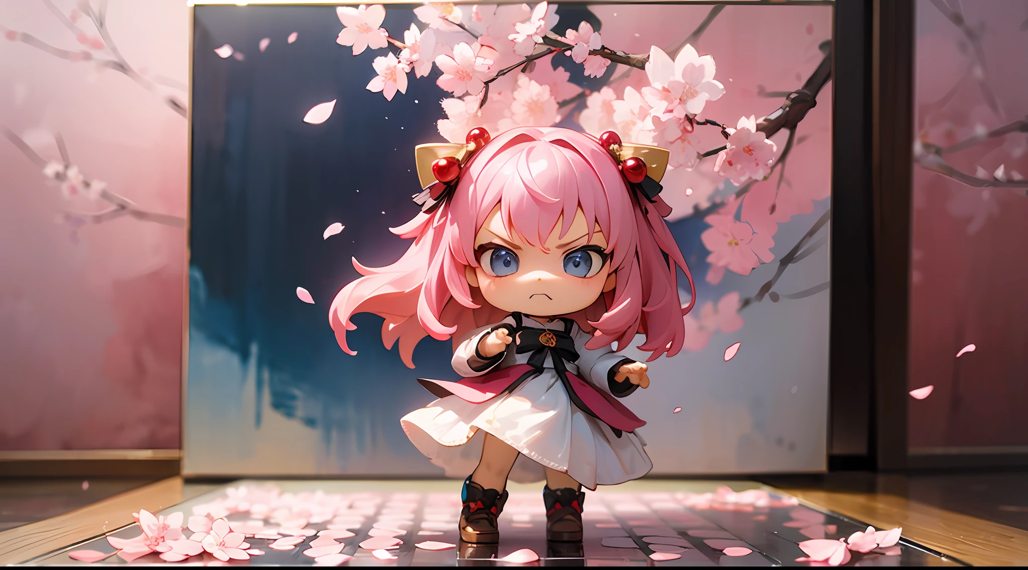 photoRealstic、Doll standing in front of the painting、bionde、angry looking face、Sengai、pixiv、rokoko、dollfie dream、watercolor Nendoroid、(High Definition Figure)、flowing sakura-colored silk、nendroid、highly_Detailed!!,Cherry blossom petals、Flowing cherry blossom silk、season!!: 🌸 ☀ 🍂 ❄