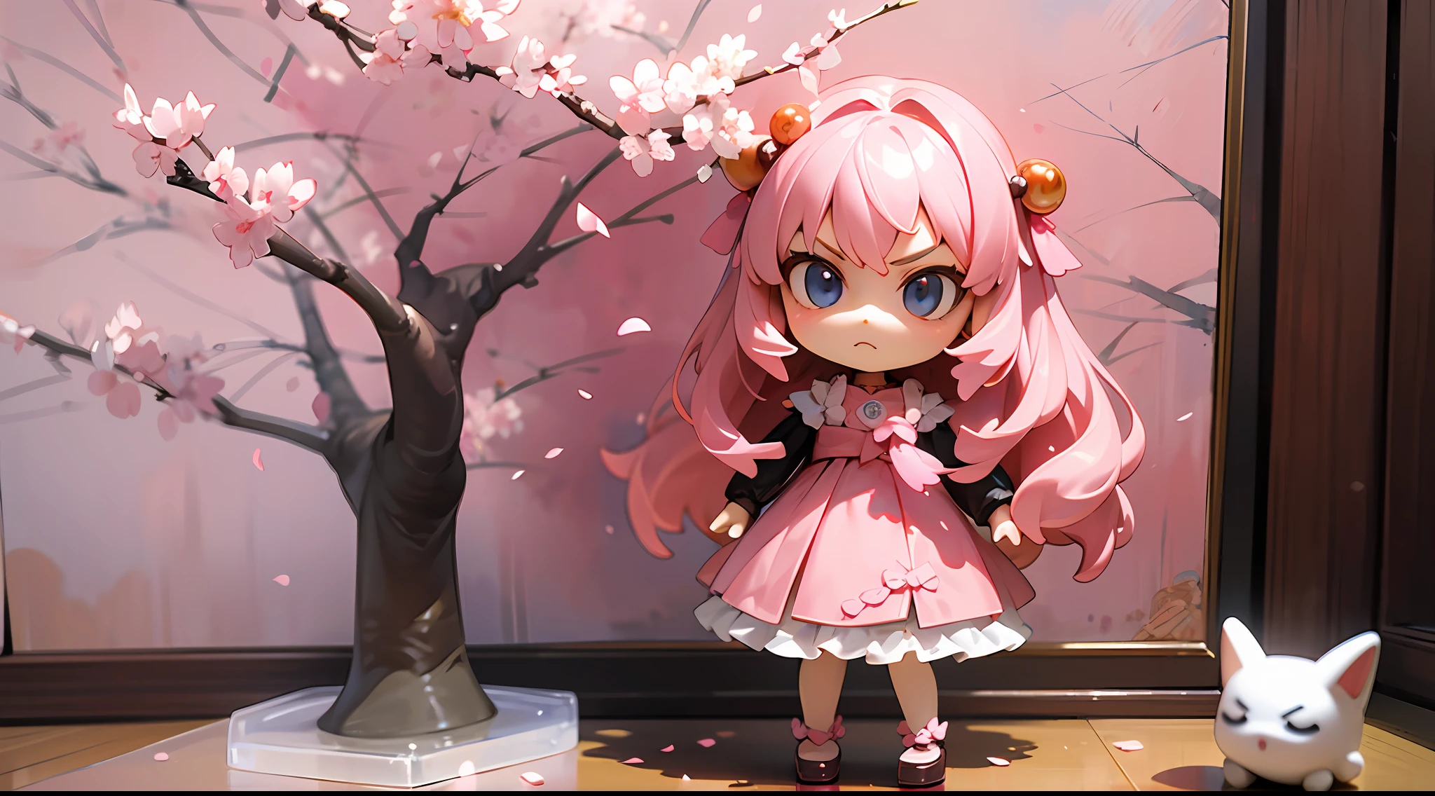 photoRealstic、Doll standing in front of the painting、bionde、angry looking face、Sengai、pixiv、rokoko、dollfie dream、watercolor Nendoroid、(High Definition Figure)、flowing sakura-colored silk、nendroid、highly_Detailed!!,Cherry blossom petals、Flowing cherry blossom silk、season!!: 🌸 ☀ 🍂 ❄