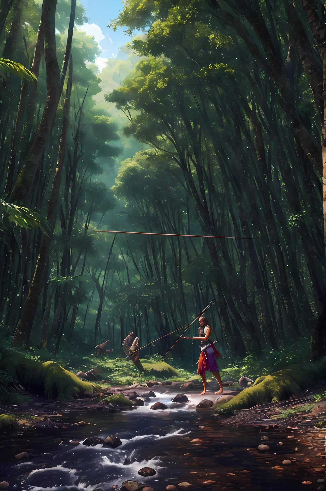 （digitial painting），（best qualtiy），Close-up of a beautiful woman，（（（Drawing a bow and shooting arrows））），Primitive tribesmen，hunters，Wear a hula skirt，Deerskin chest，Barefoot，In tropical primeval forests，Green moss，Small rivers，grape trees，Huge trees，Cover the sky，Fallen trees，8K hyper-realism，Strong color scheme，gentle illumination, prime time, Enigmatic Atmosphere, --auto