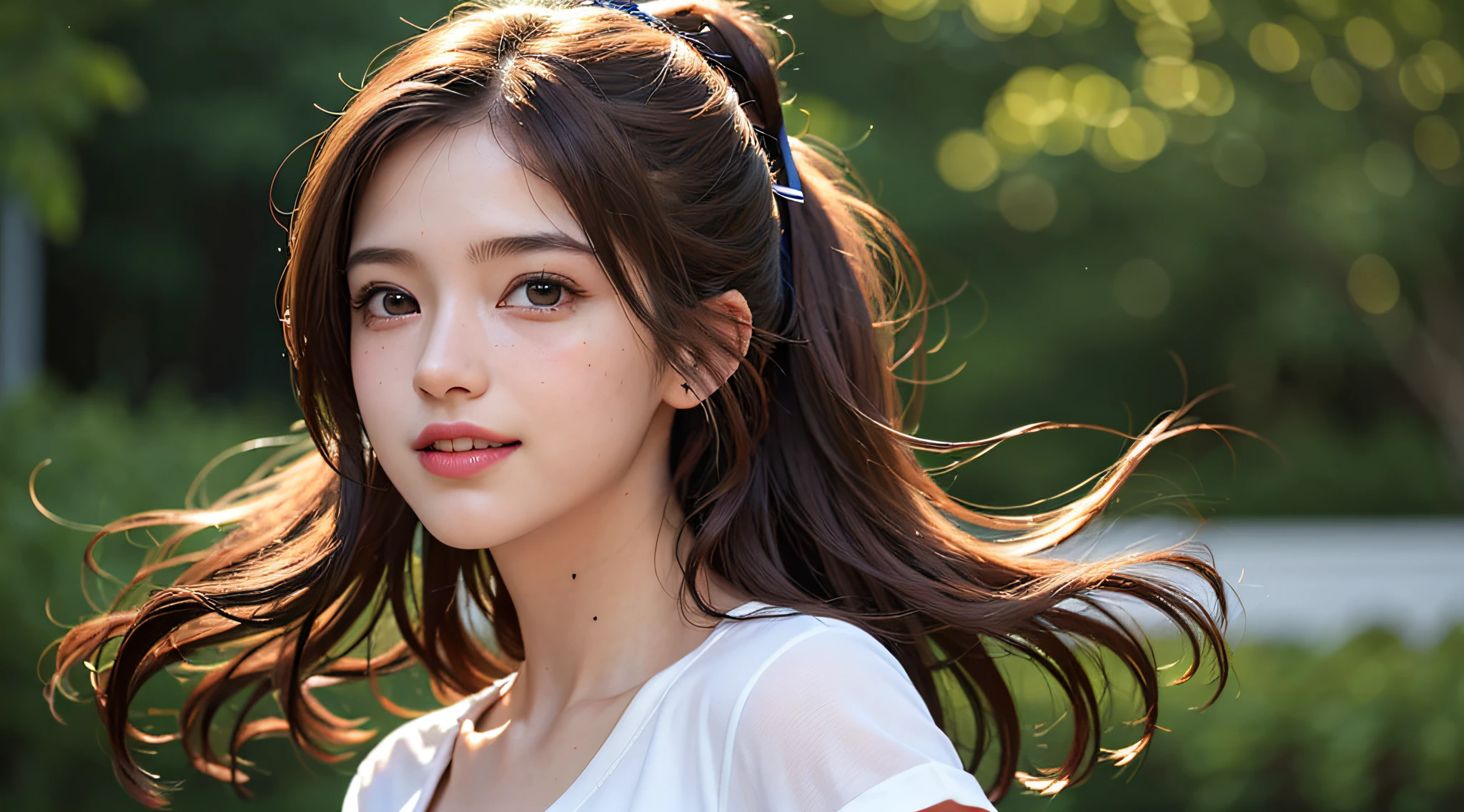 (8k, RAW photos,best quality, high resolution:1.1), (hyperrealistic:1.4),(realistic, photorealistic:1.3), soft light,big breasts,girl,realistic face,realistic body,realistic skin,absurdity,masterpiece,(cute:1.8), cuties, solo, (big breasts:1.2), detailed black eyes,innocent eyes,blusher,(t-shirt:1.2), cinema light,film grain,jewelry,earrings,((Medium hair:1.1)),((Floating Hair Novafrog Style)),cherry colored lips,hair ribbon,hair bow,ponytail,closeup,look viewer,long hair,upper body,open lips,upper teeth, (smiling eyes:0.6),((grinning:1.2)),depth of field, blurred background, eye focus, Bokeh,Young, 85mm Lens, f/1.4,Professional Lighting, Young,Portrait,Photon Mapping,Radiosity,Physically Based Rendering,No Bra