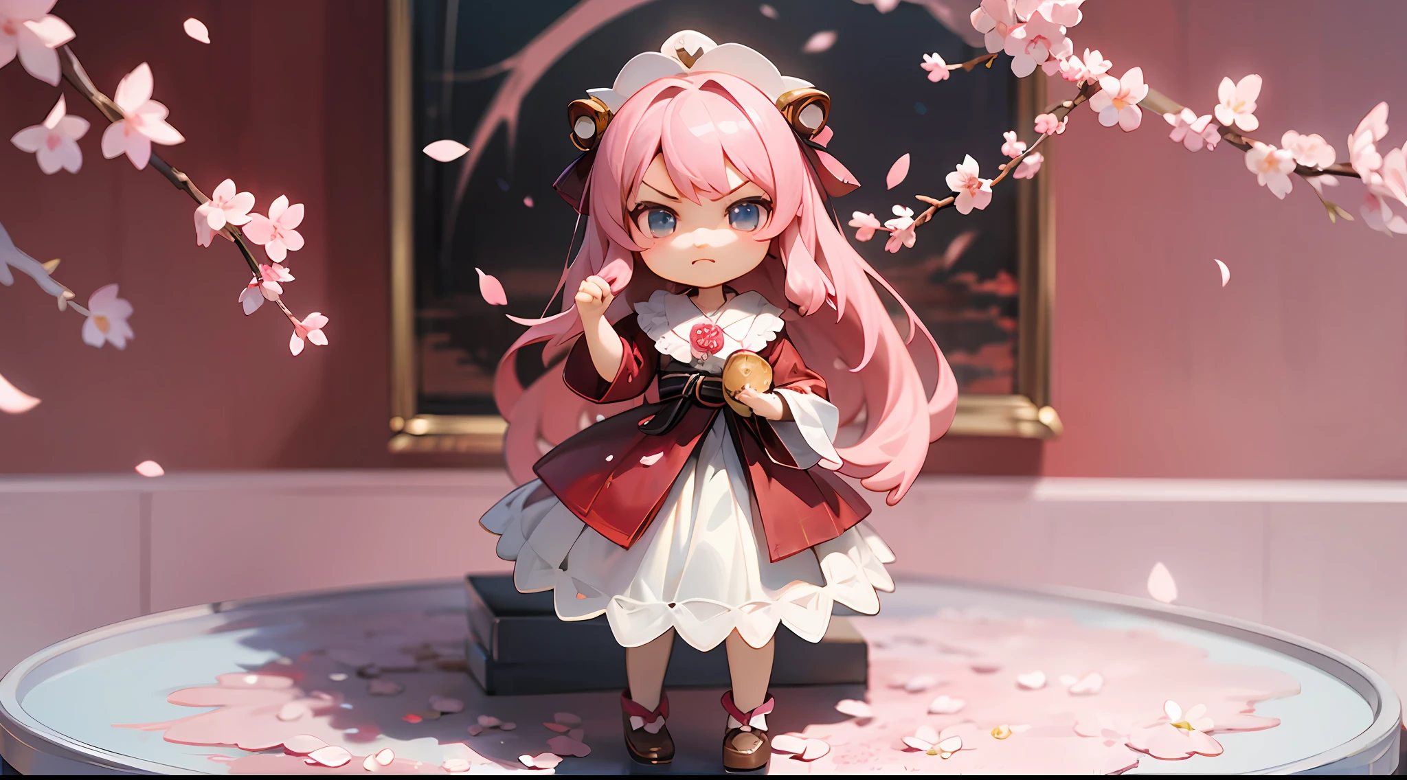 photoRealstic、Doll standing in front of the painting、bionde、angry looking face、Sengai、pixiv、rokoko、dollfie dream、watercolor Nendoroid、(High Definition Figure)、flowing sakura-colored silk、nendroid、highly_Detailed!!,Cherry blossom petals、Flowing cherry blossom silk、season!!: 🌸 ☀ 🍂 ❄