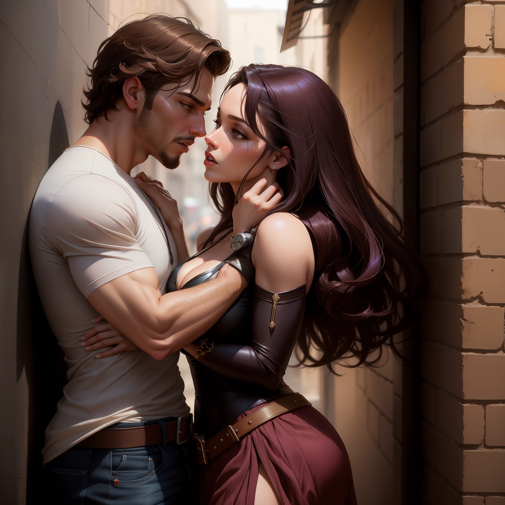 there is a ruggedly handsome cowboy and a woman hungrily and fiercely kissing in a alleyway, roberto ferri and ruan jia, artgerm and genzoman, boris vallejo and tom bagshaw, style ivan talavera and artgerm, joshua middleton and artgerm, by Adam Dario Keel, artgerm and and greg rutkowski, sexy movie photo