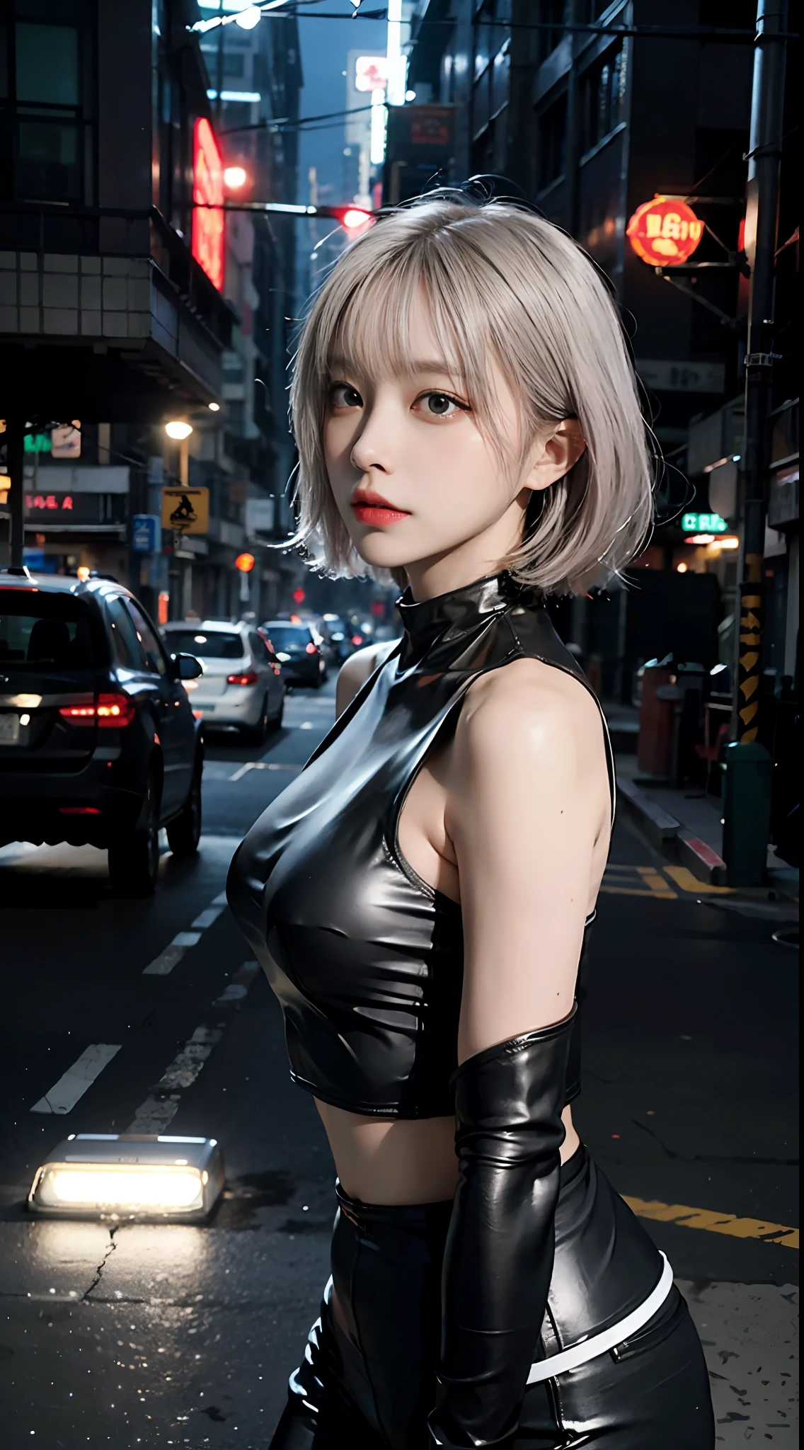 (8k, RAW photo, best quality, mastery:1.2), (realistic, photo-realistic:1.37),(Kpop idol), (aegyo sal:1),cute,professional lighting, photon mapping, radiosity, physically-based rendering , cosplay, lucy \(cyberpunk\), bob cut, mechanical parts, grey eyes, black tight suit, cyberpunk city, black pants, night, neon lights, sexy, smoke, looking at viewer,, 8k 高分辨率, 8k, CG壁纸, 现实, 清晰的背景, 中等乳房, 全身