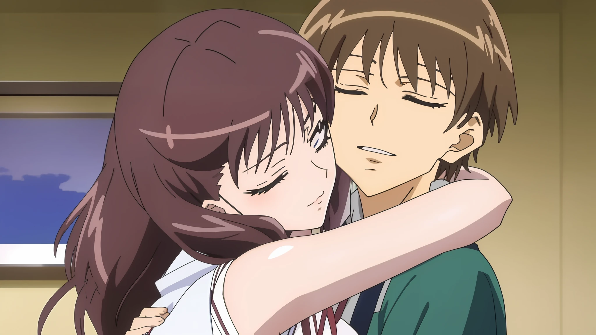 a closeup of a person hugging a person in a room, beijando juntos fofos, screencap anime, em um anime, arm around her neck, Yukito Kishiro, Close Up Iwakura Lain, QuioAni, Ando Tadao