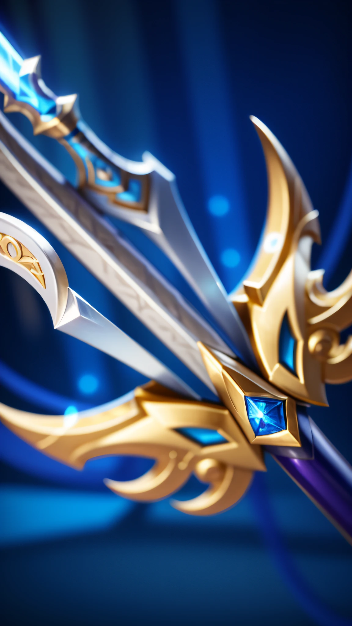 Close-up of a sword with a gold and blue blade, The sword, Avatar image, league of legends inventory item, leblanc, Ashe, arcane jayce, Polearm sword, style of league of legends, mobile legends, Irelia, Thertrevkaiser, rapier, league of legends arcane, wild rift, brown tanned skin，8k，high qulity，high detal，tmasterpiece，hyper HD，The is very detailed