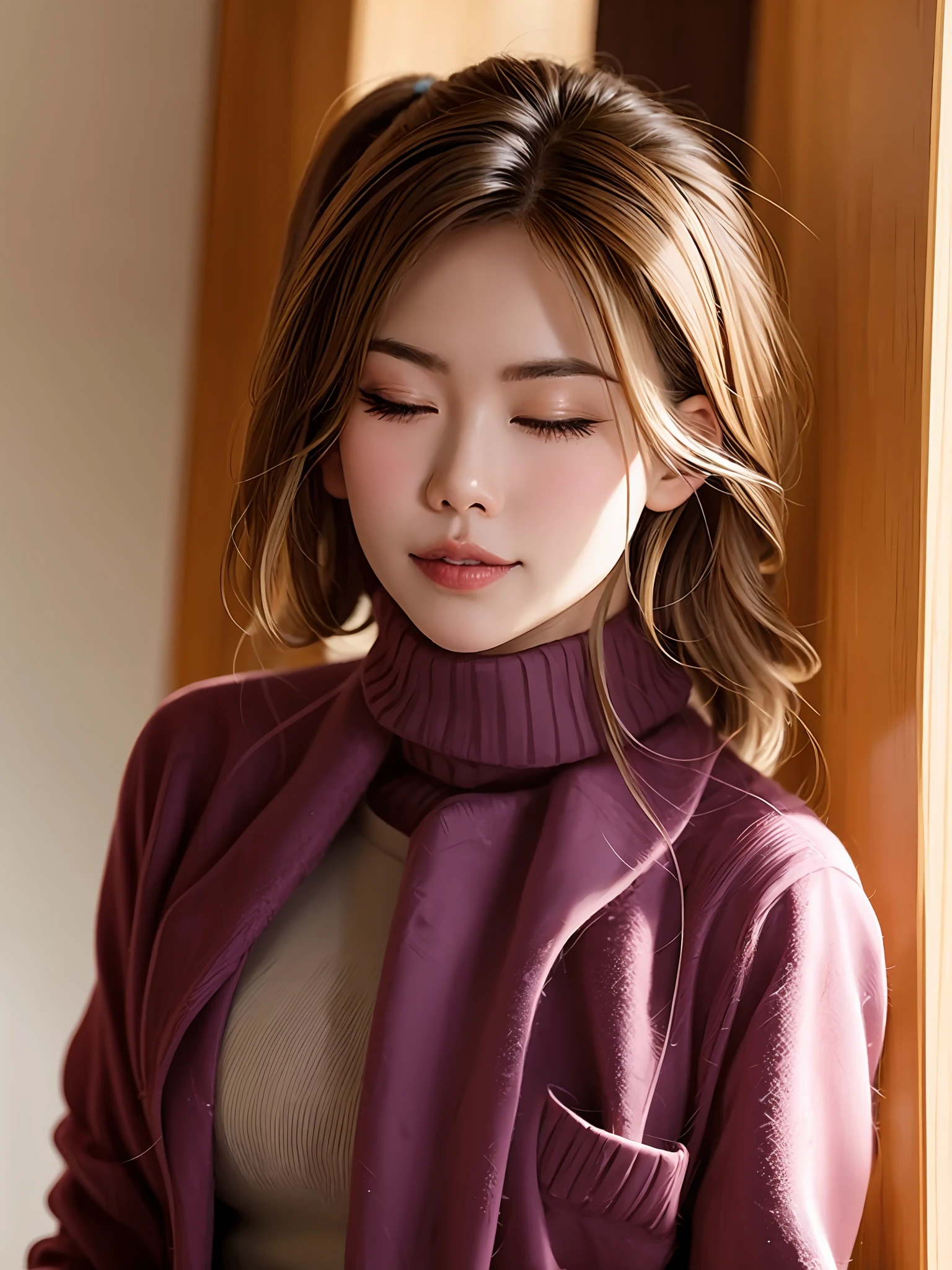 Woman with eyes closed,Realisticstyle,Raised sexy,Indoor lighting,Natural sun light,8K分辨率