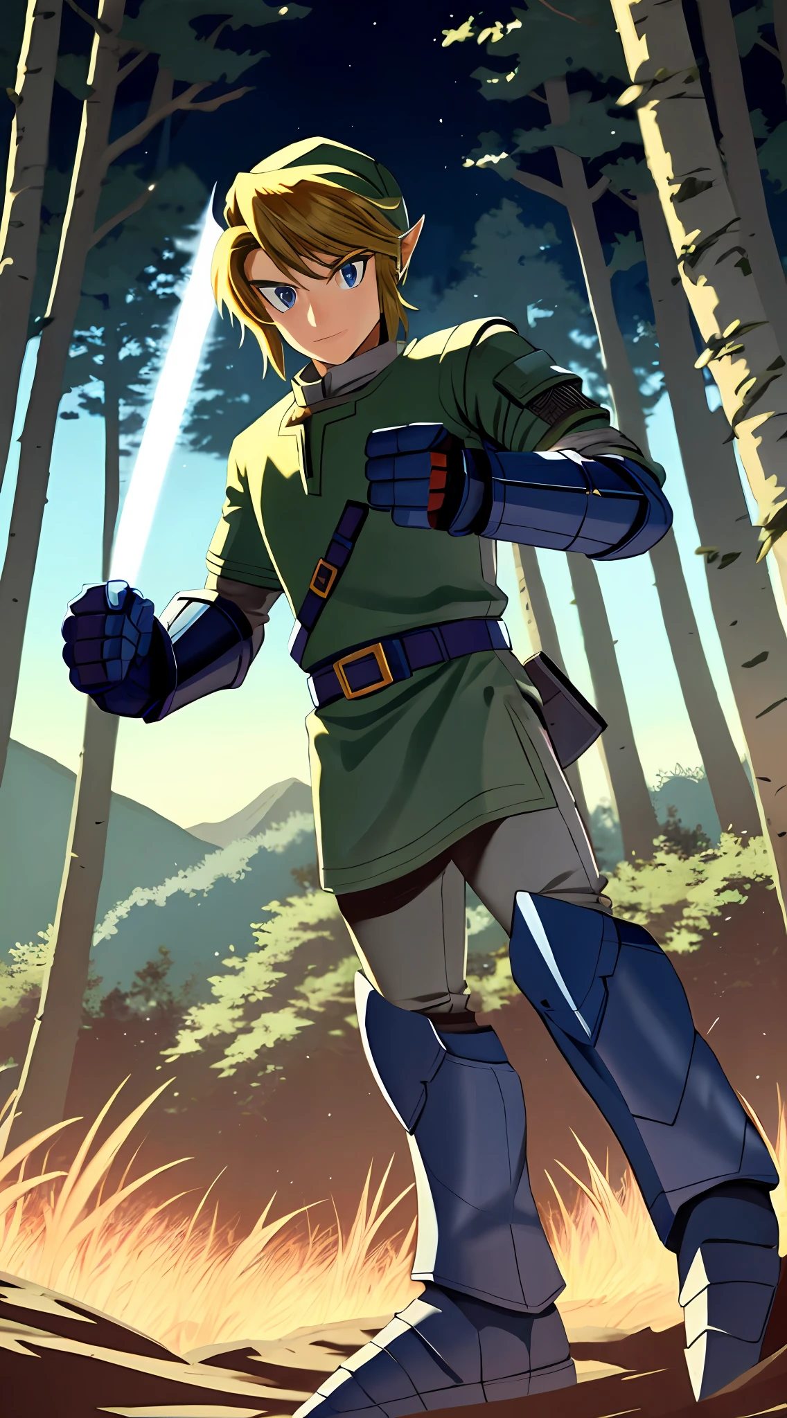 Link wearing brown blue and gold Knight Armor, heavy mech armor, cyber armor blue and brown, gold belt, blue white armor, long yellow hair, knight armor, mechsuit, looking at viewer at eye-level, full-body, forest background, forest background with large mountains, Link looking at viewer, knight armor, has dark blue heavy armored forearms, blue heavy armored gauntlets