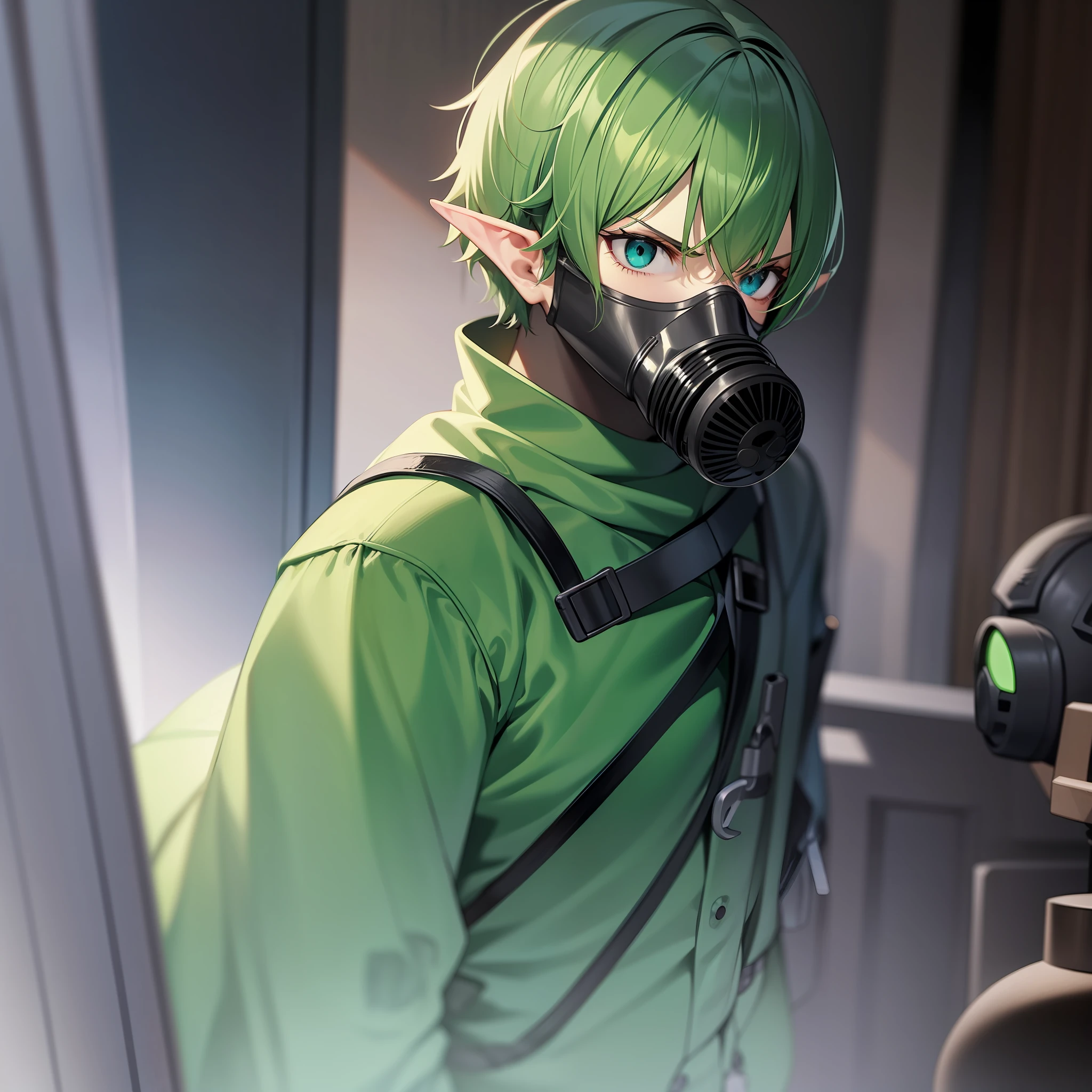serious look elf, creepy, with gas mask, green short hair