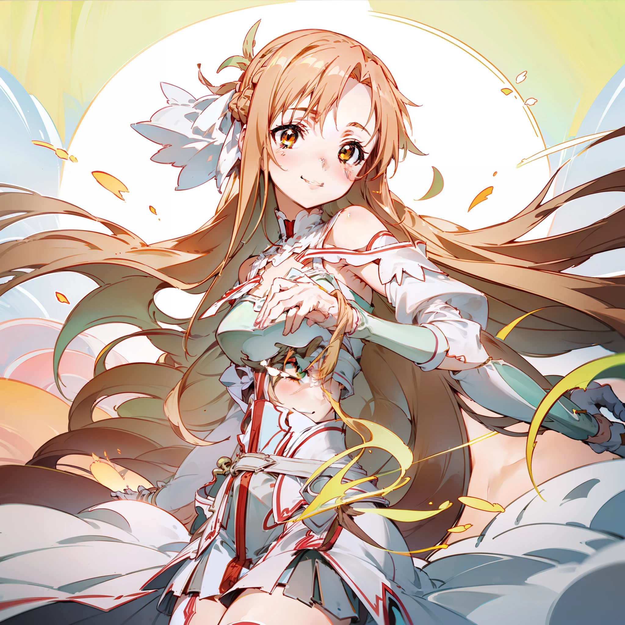 best qualtiy，Need，tmasterpiece，Very detailed，Asuna，Asuna，pandas，adolable，ssmile，green color，Warmth，orange long hair