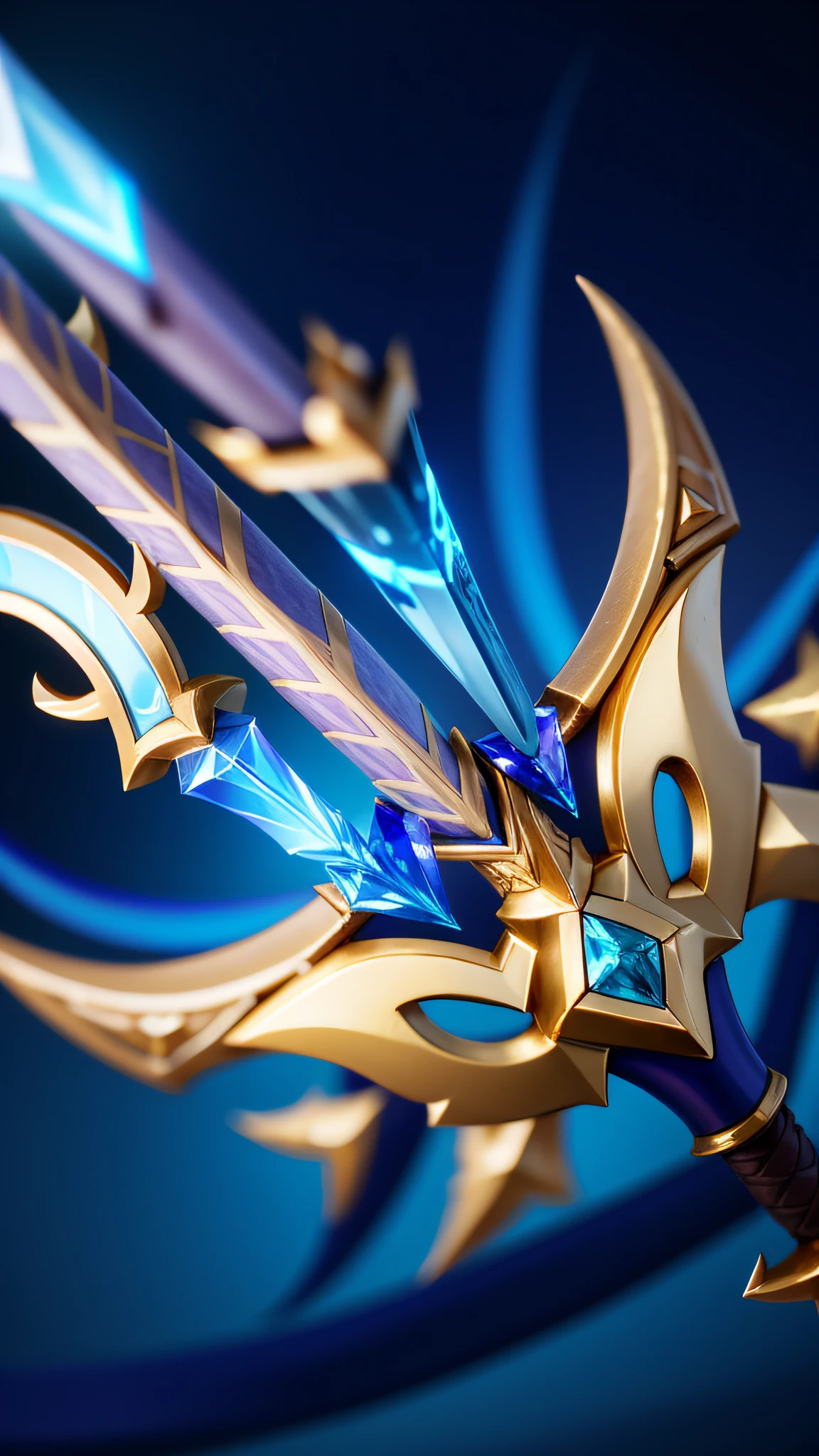 Close-up of a sword with a gold and blue blade, The sword, Avatar image, league of legends inventory item, leblanc, Ashe, arcane jayce, Polearm sword, style of league of legends, mobile legends, Irelia, Thertrevkaiser, rapier, league of legends arcane, wild rift, brown tanned skin,8K,high qulity,high detal,tmasterpiece,hyper HD,The is very detailed