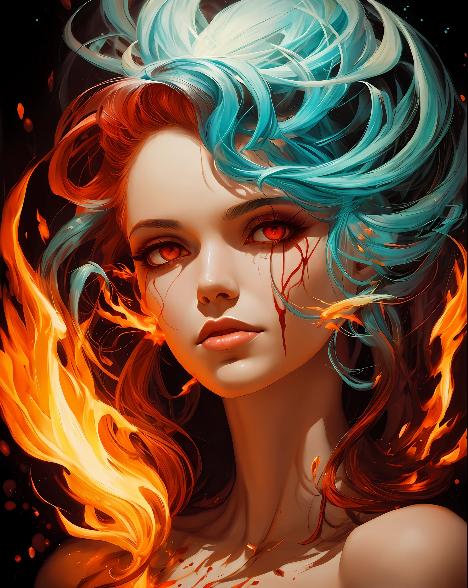 pintura de uma mulher com um cabelo vermelho e uma camisa preta, Pedro Mohrbacher'', arte conceitual emocional, Estilo Peter Mohrbacher, her hair is made out of fire, blood dripping down the head, Directed by: Anna Füssli, No estilo de Peter Mohrbacher, Estilo de Peter Mohrbacher, detailed glowing head --auto