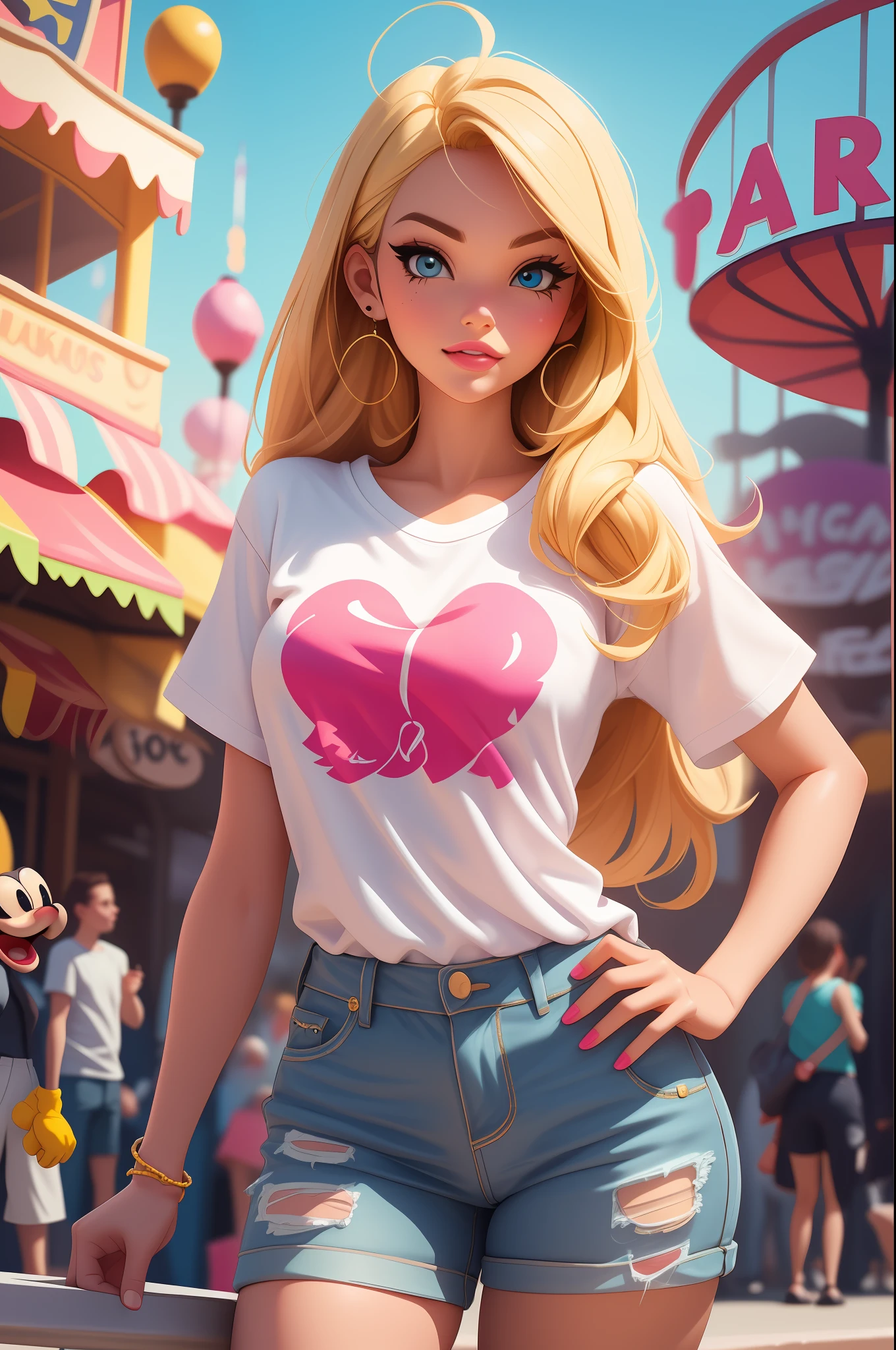 Blonde barbie style girl. Calça leans, camiseta com estampa do mickey, in an amusement park. Estilosa