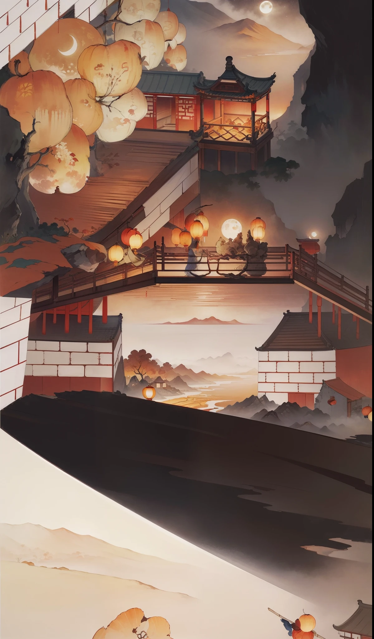 Ancient Chinese landscapes，Ancient buildings，Pavilions，Carved beams and paintings，enchanting scenery，Night，Moon light，Layered, Rich light and shadow,Mid-Autumn Festival, Ink painting style，clean color，Low-saturation colors，Colors of low brightness，Decisive cut，Leave white space，impressionistic，tmasterpiece，ultra - detailed，Epic composition,  HighestQuali，hyper realisitc，Art germ --v 6