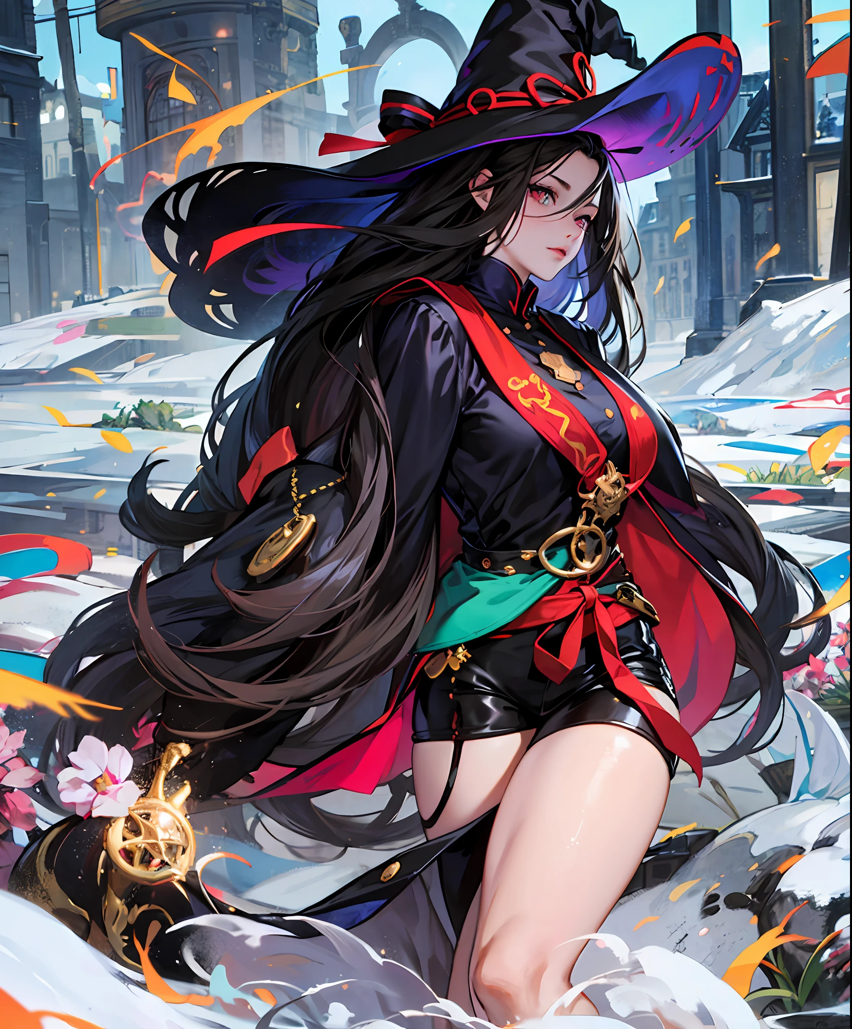Anime, long black hair that cascades down her back, Her eyes are intensely green, mesmerising and almost always shrouded in a dark aura, Her skin is pale as snow, contrasting with her mysterious appearance and her blushing lips, witch hat, black shorts, wearing boots, costume, 8k, magic, wand in hand, old town setting, medieval --auto --s2