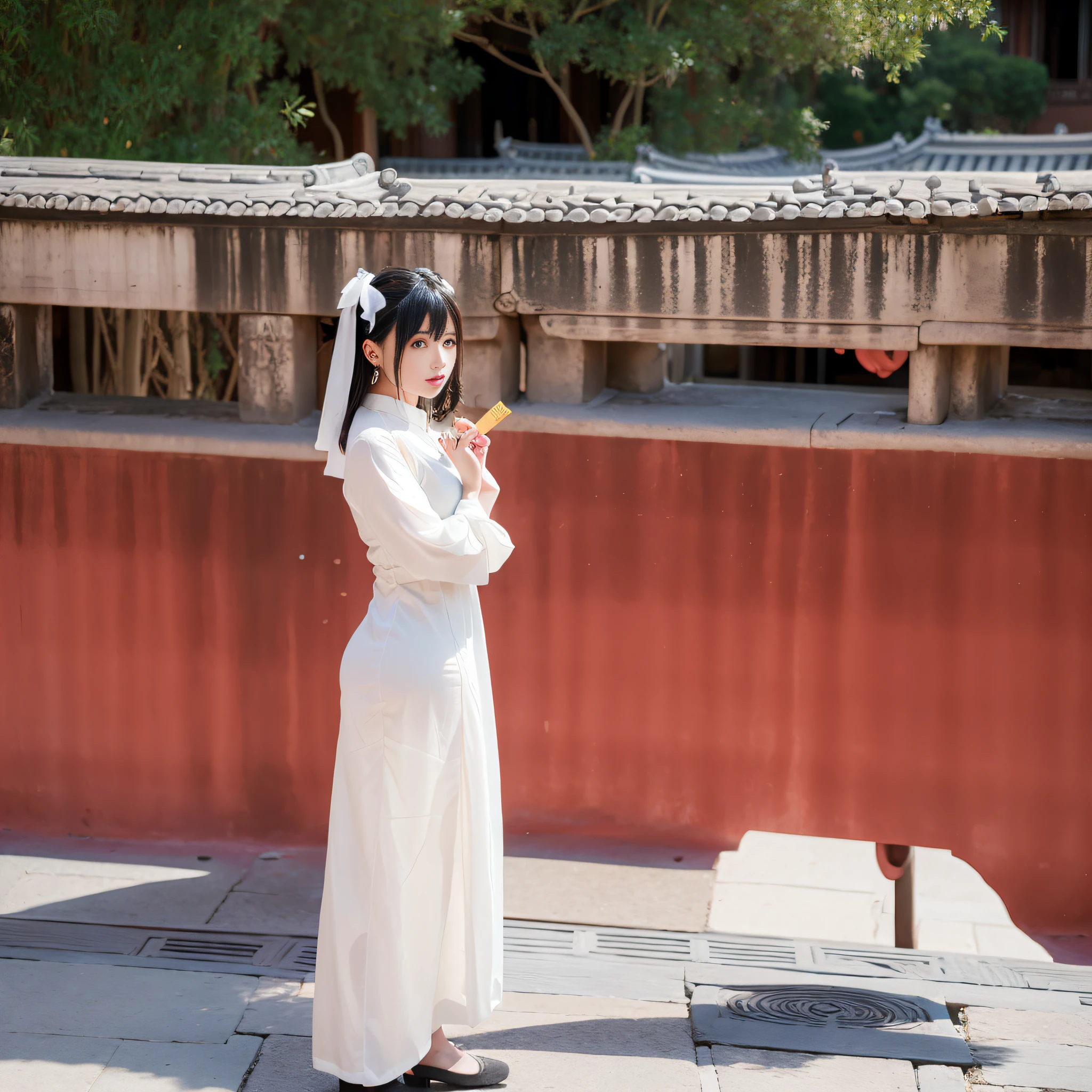 Beautuful Women,Ancient Chinese buildings,rays of sunshine,Fluffy white dress ,in forbidden city --auto