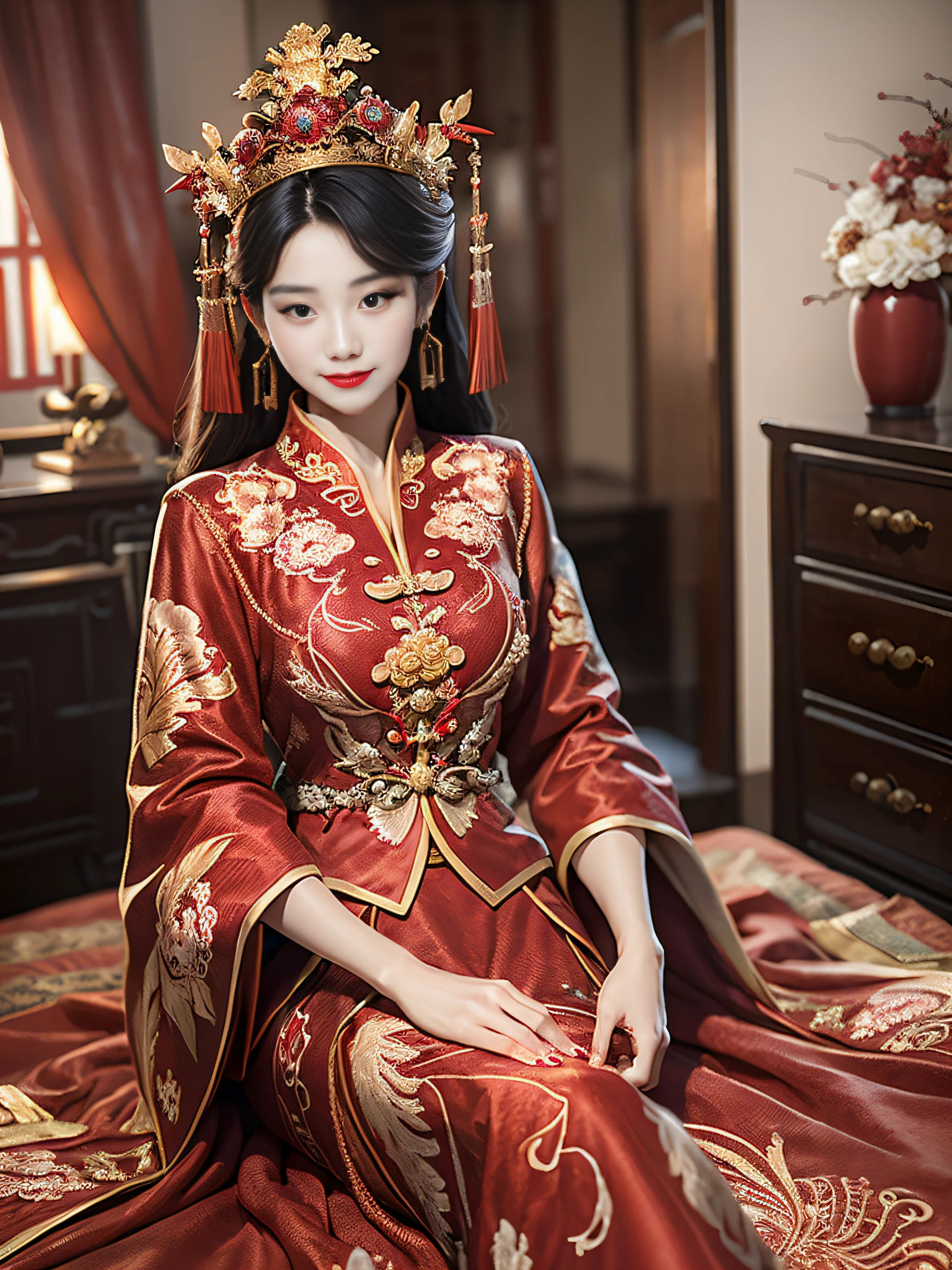 (Best quality: 1.1), (Realistic: 1.1), (Photography: 1.1), (highly details: 1.1), A man wears a red and gold dress，Woman with a crown on her head, A hair stick, (sitting on red bed), Blushing, Shy, black_Hair, crown, Looking down, (2 red candles), Chinese_clothes, Curtains, Earrings, Hair_decorations, Hanfu, interiors, jewelry, Long_Sleeves, Red dress, Redlip, nipple tassels, (Red quilt), (red palace: 1.2), (3DMM: 1.5),mix4,