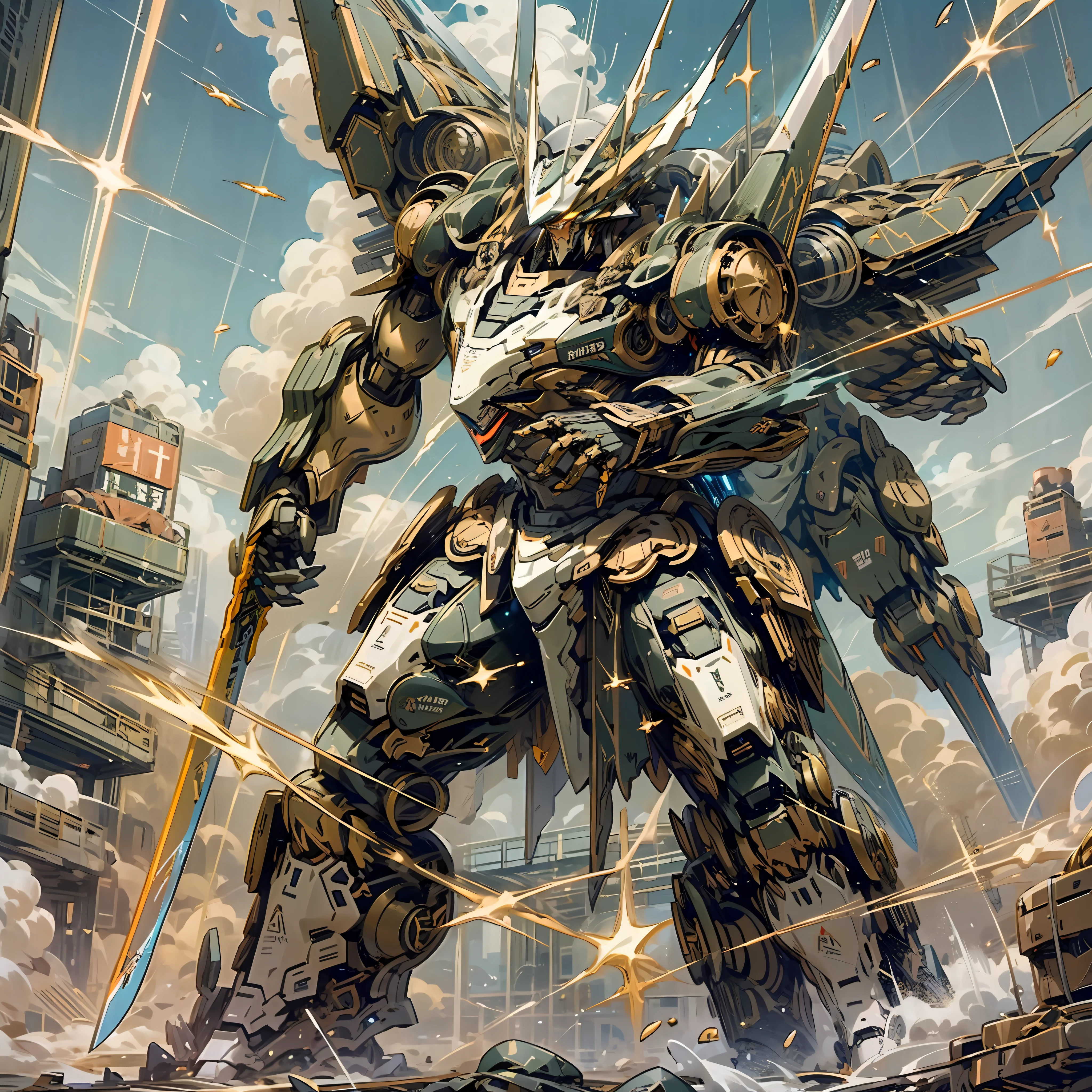 Battle robot, weapon, gun, big sword, sword, mecha, two robots in battle, battle scene, futuristic technology, dazzling picture, explosion scene, mecha attack each other --auto --s2