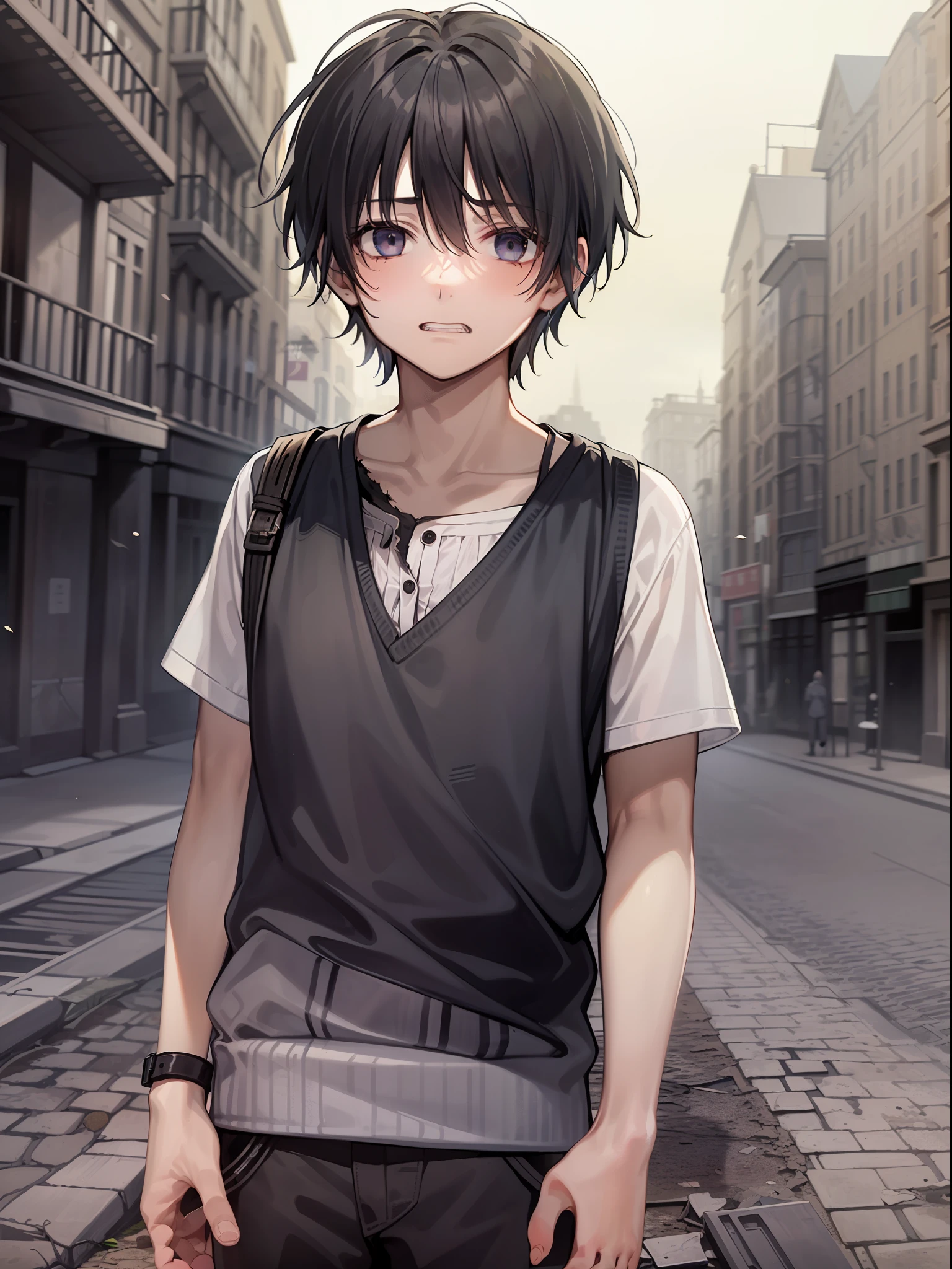 1boy,One has a black color、Boy with harsh black eyes,It seems to reveal profound mysteries。He wore a dark black tattered vest,In stark contrast to his pale skin。His hair is dark black,The white ends of his hair gave him a unique touch to the feel。His teeth,Slightly sharp,It gives a mysterious expression。His tired look was palpable,The dark circles that accentuate his tired appearance are also noticeable。His eyes were pleading。The expression was sad,A little helpless,His feet are barefoot,Connect him to the surrounding city and abandoned environment。The scenery is dark,The crumbling buildings and shadows evoke a mysterious and dark atmosphere。