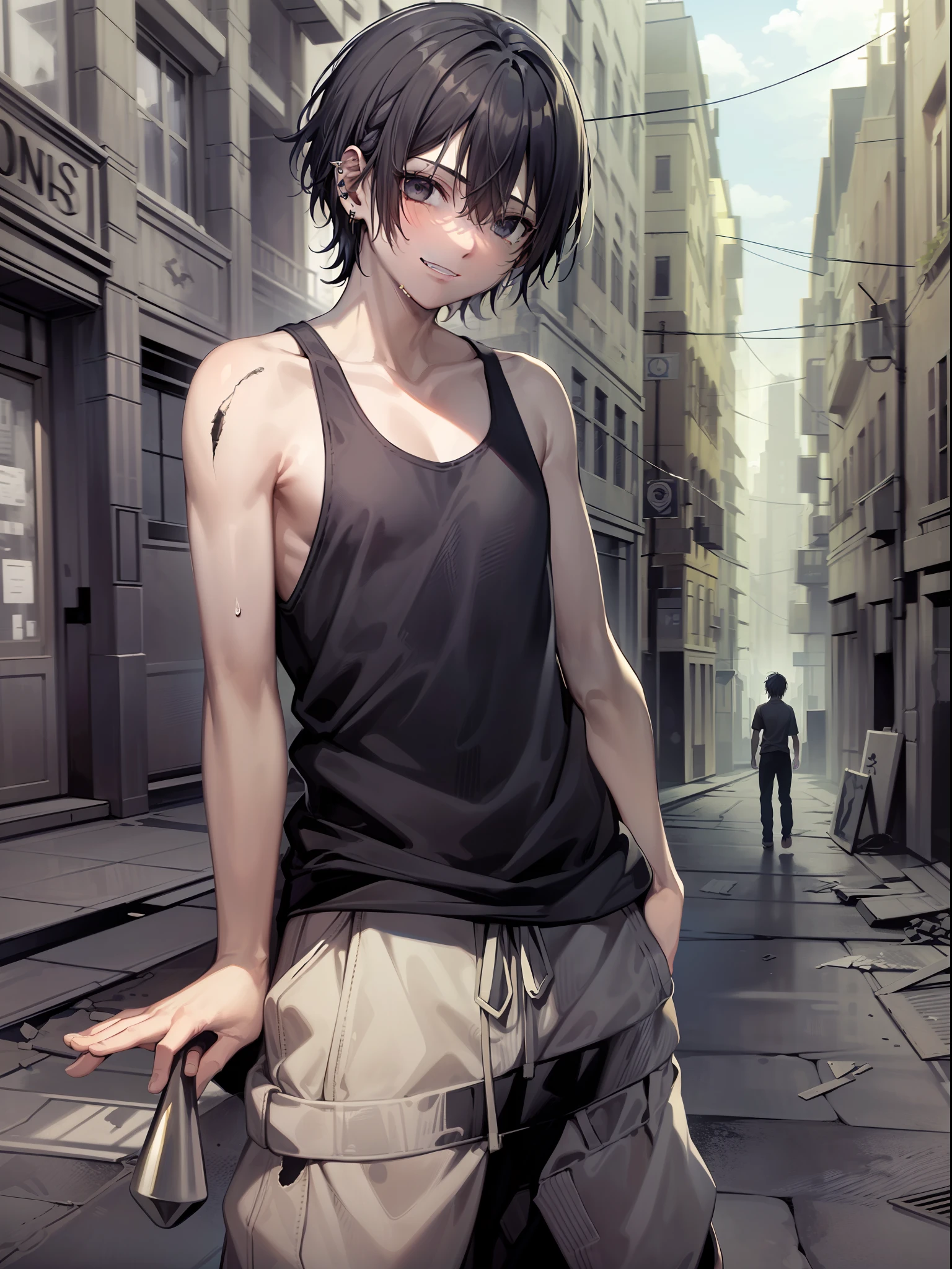 1boy, A boy with dark, piercing black eyes, which seem to reveal deep mysteries. He wears a dark black tank top, contrasting with his pale skin. Her hair is dark black, with white tips that give a unique touch to her look. His teeth, slightly sharp, give it an enigmatic look. His tired look is evident, as are the dark circles that highlight his exhausted appearance. A light, mocking smile appears on his lips, revealing a touch of malice. His feet are barefoot, connecting him to the urban and abandoned environment around him. The scenery is dark, with crumbling buildings and shadows that evoke a mysterious and dark atmosphere.