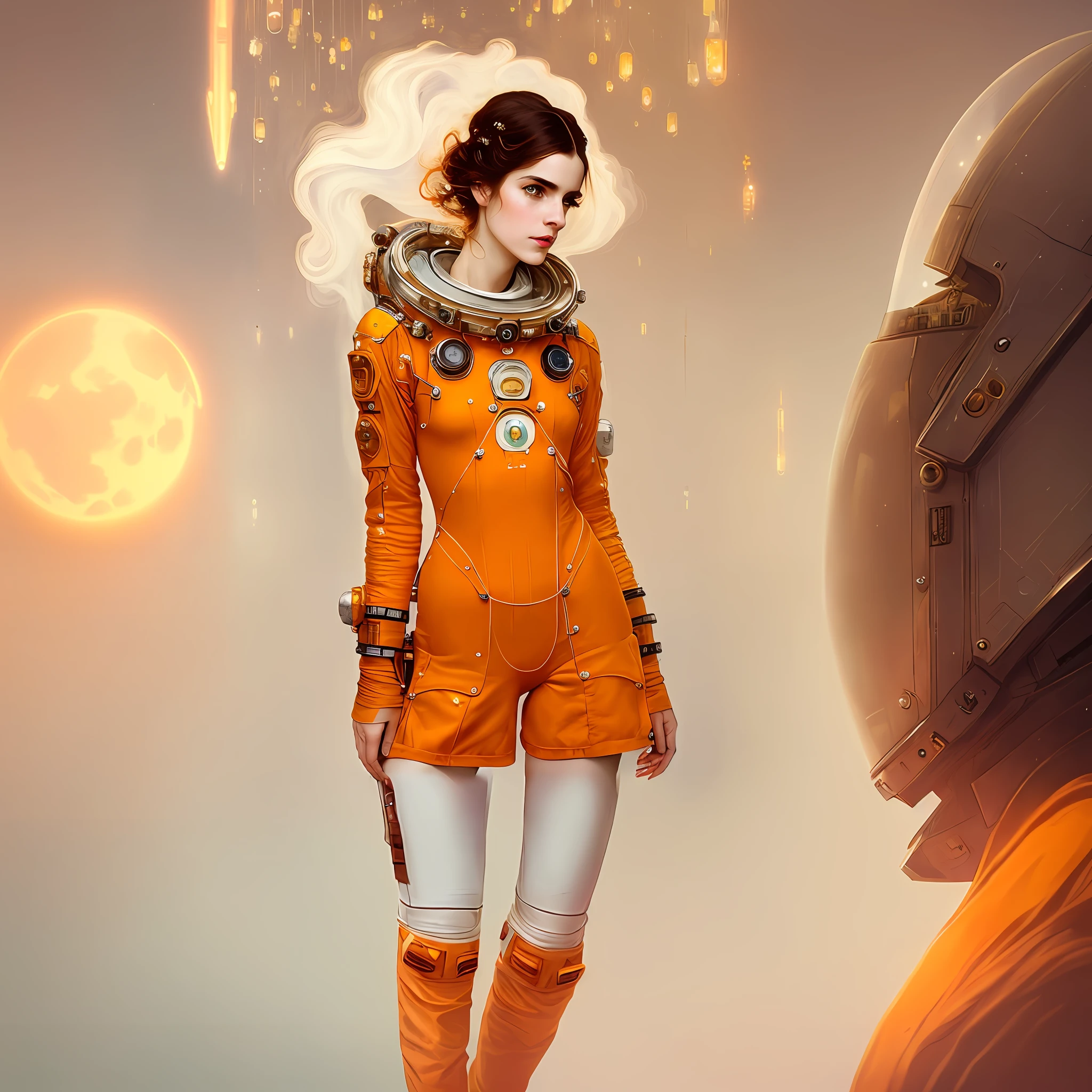 There is a woman in an orange spacesuit with a large helmet, portrait armored astronaut girl, beautiful woman in spacesuit, scifi woman, wojtek fus, futuristic astronaut, Carole Buck from nun Emma Watson, Yuri Shwedoff and Tom Bagshaw, sci-fi spacesuit, portrait beautiful sci - fi girl, Futuristic spacesuit, dressed in a spacesuit