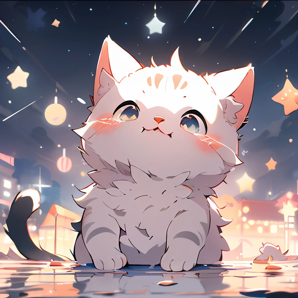 ,(Masterpiece:1.2, High quality),
No Man, cat, :3, Animal focus, Animal, Random background, view the viewer, Crying, Background with, Touched，Soft lines，Soft light，The stars are arranged irregularly，Catch big fish，Traces of rain，Wait for the rain to stop，soft filter，Background bokeh