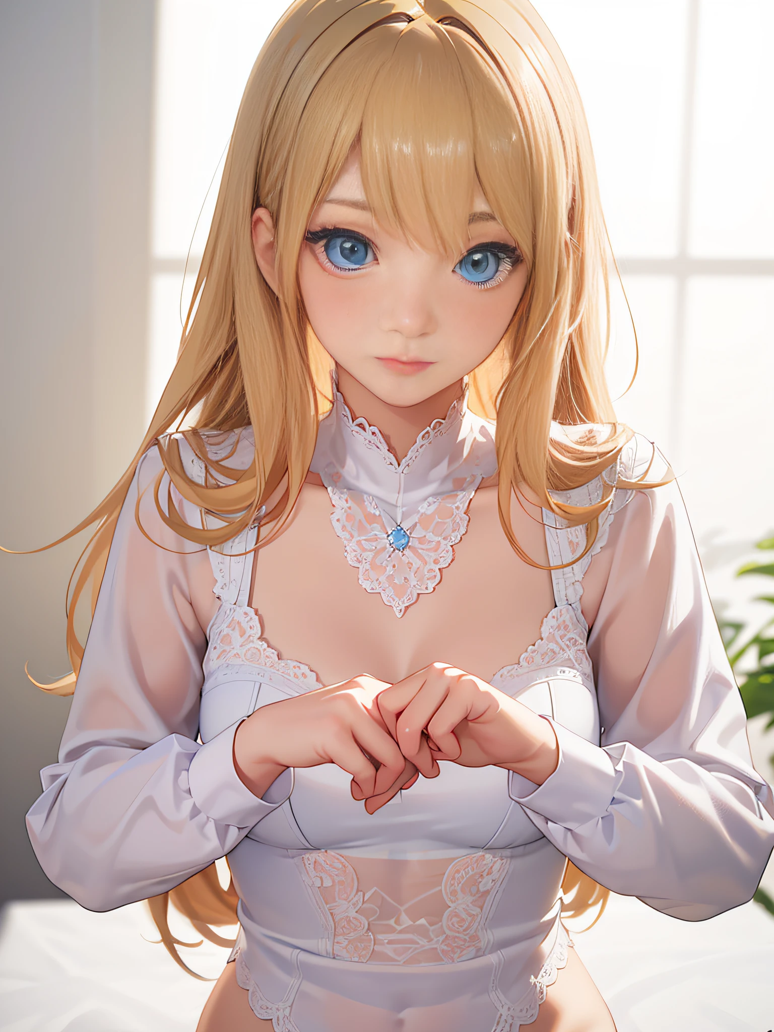 (photo-realistic:1.4), (master masterpiece, Side Light, Fine and beautiful eyes: 1.2), master masterpiece*portrait, real, 3D 顔, Luminous eyes, shiny hair, Skin luster, One person, ashamed, (epigastrium), Very fine lace underwear in blue color, Blonde hair、Long sleeves、long hair、