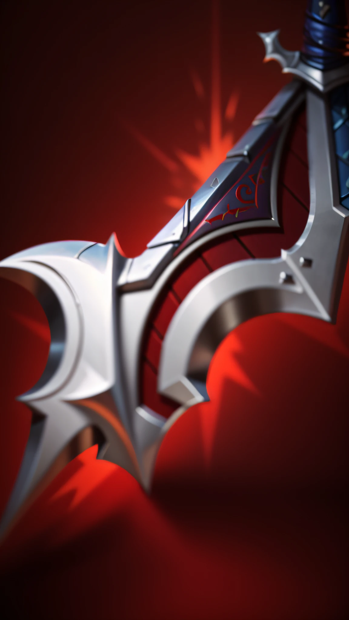 A close-up of a sword,There is a red light behind it, Rod arm sword, The sword, league of legends inventory item, POLEARM, Irelia, Halberd, style of league of legends, rapier, war blade weapon, Katarina, Riven, Akali, Ashe, jagged sword, league of legends arcane,8k,high qulity,high detal,tmasterpiece,hyper HD,The is very detailed