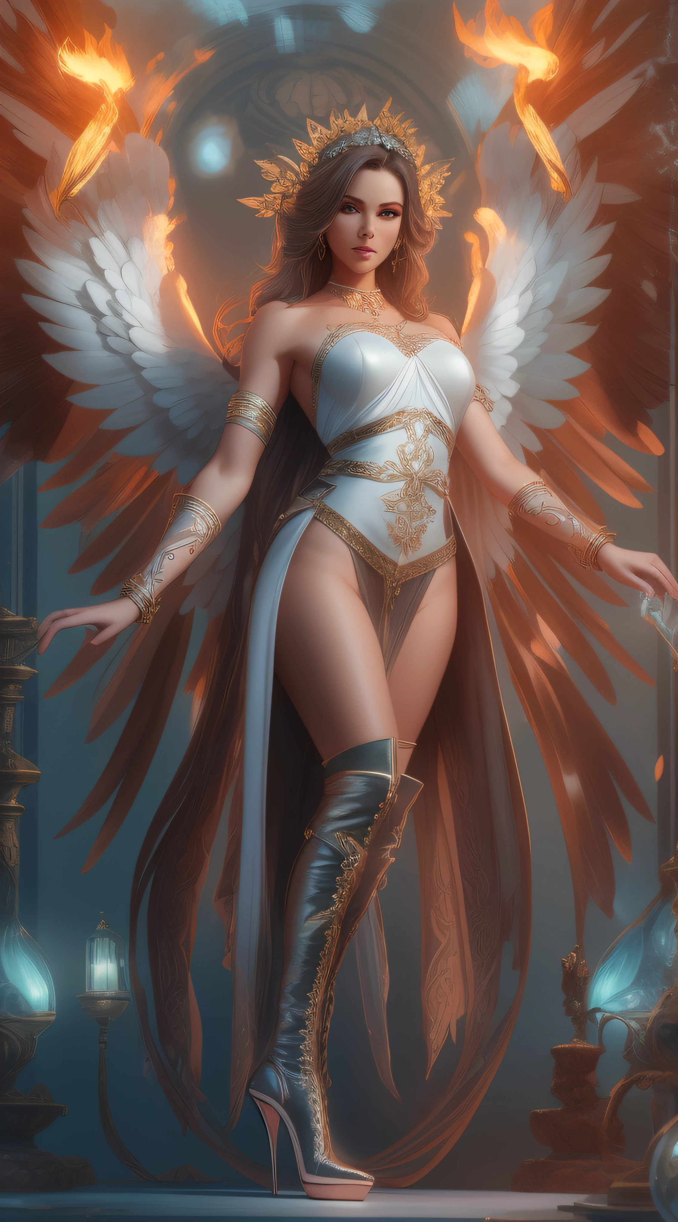 goddess and angel fusion, beautiful woman, alina gorokhova, pretty face, round buttocks, high heel boots, thigh high, heavenly background, flambeau lights, octane rendering, cinematic, deviant art, realistic Face, 8K, Highly detailed, Photorealistic, G cup, Proportional hands, Cinematic, Dynamic color