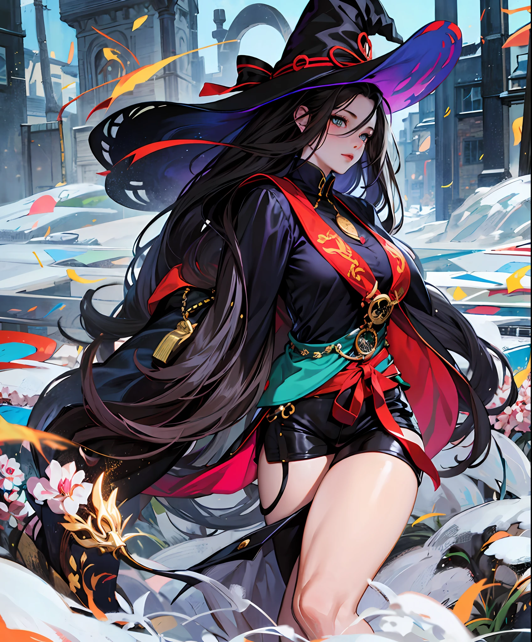 Anime, long black hair that cascades down her back, Her eyes are intensely green, mesmerising and almost always shrouded in a dark aura, Her skin is pale as snow, contrasting with her mysterious appearance and her blushing lips, witch hat, black shorts, wearing boots, costume, 8k, magic, wand in hand, old town setting, medieval --auto --s2