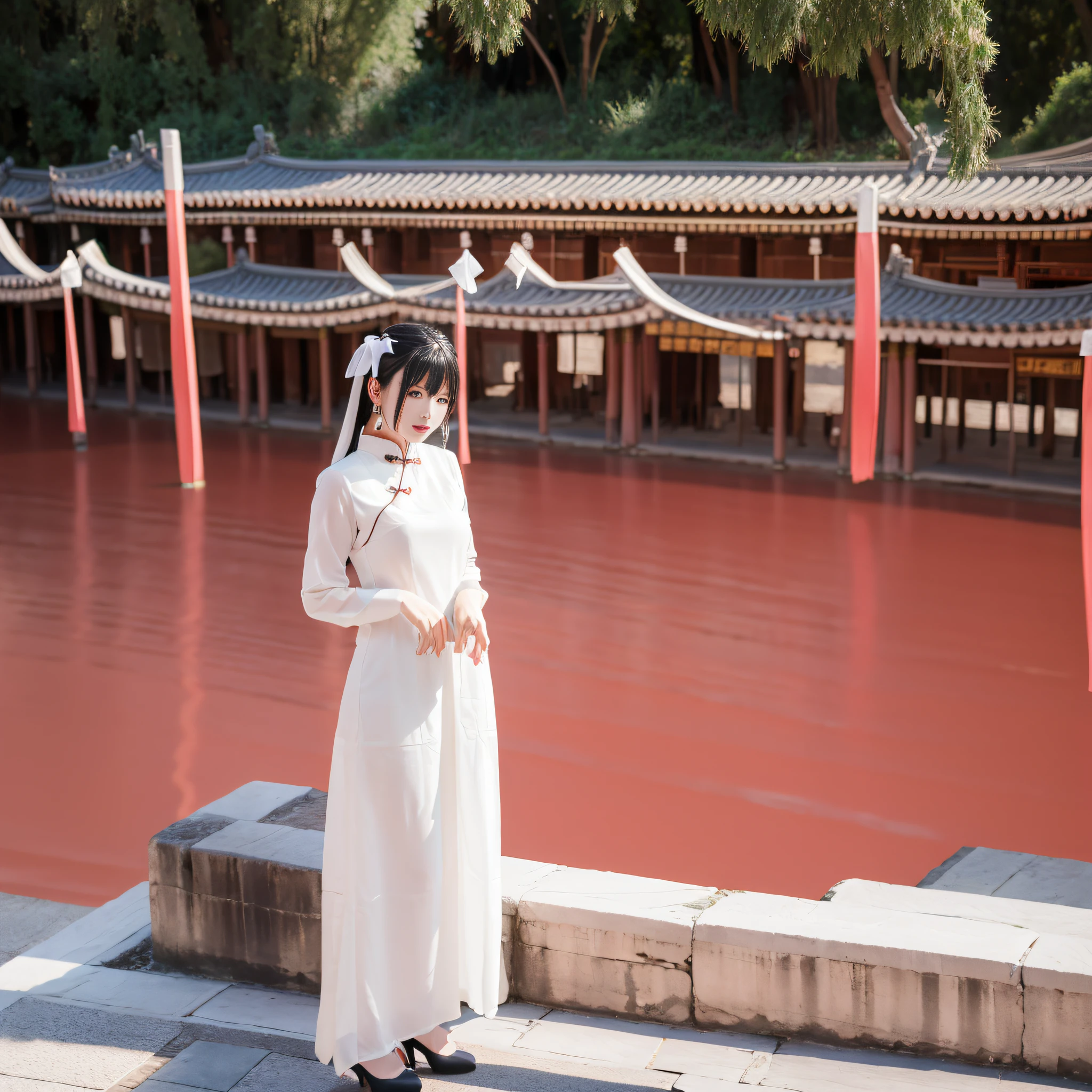 Beautuful Women,Ancient Chinese buildings,rays of sunshine,Fluffy white dress ,in forbidden city --auto