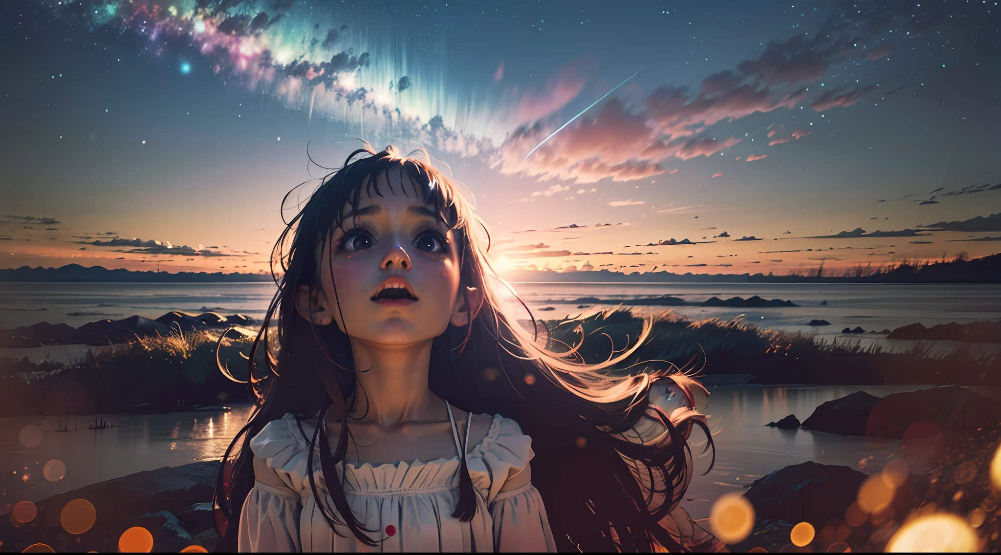 A girl looks up at the bright starry sky on the sea