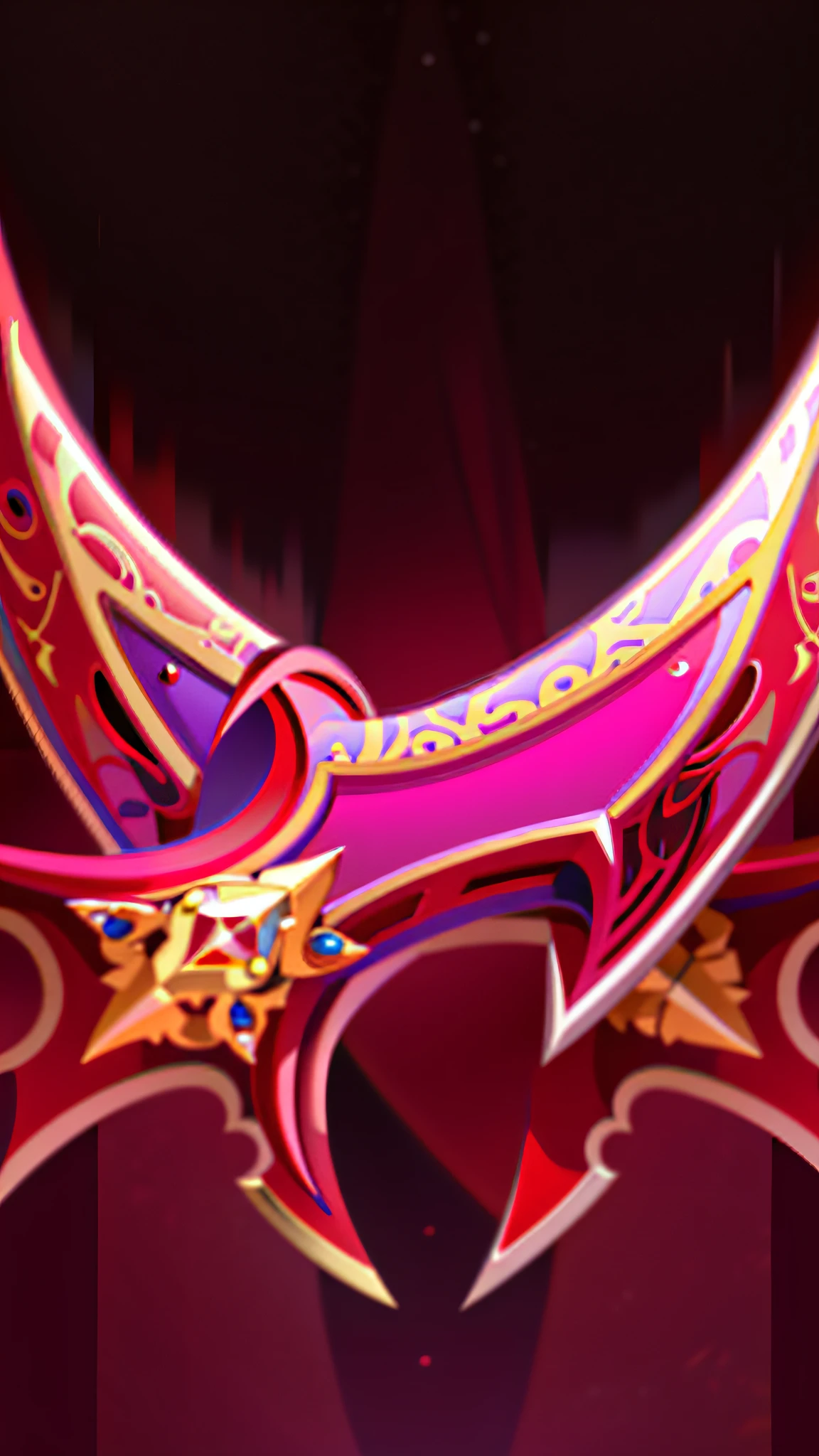 Close-up of red and yellow masks with red and yellow designs, fuchsia skin below the armor, Avatar image, fuchsia skin beneath the armor, league of legends inventory item, The sword, sharp silver armor fuchsia skin, profile picture 1024px, style of league of legends, shinning sword, war blade weapon, shining pink armor，8k，high qulity，high detal，tmasterpiece，hyper HD，The is very detailed