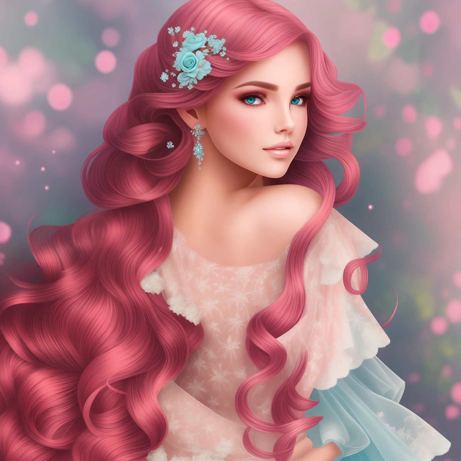 uma mulher preciosa sentada com um vestido (((rosa))) estilo princesa, flowing red hair, olhos azuis celeste, com pequenas sardas no rosto, detalhe intricados, estilo natural