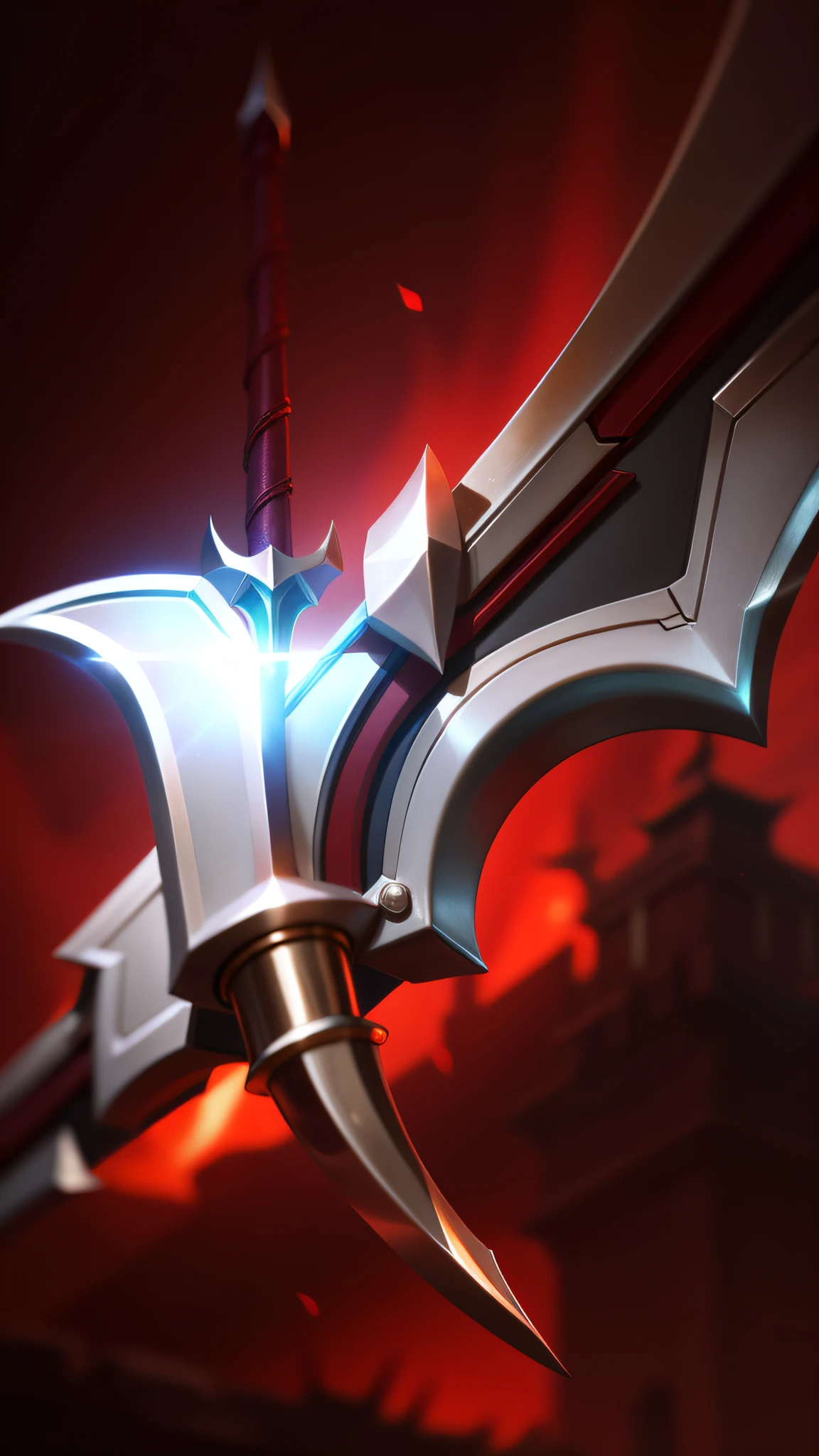 A close-up of a sword，There are red lights behind, Rod arm sword, The sword, league of legends inventory item, POLEARM, Irelia, Halberd, style of league of legends, rapier, war blade weapon, Katarina, Riven, Akali, Ashe, jagged sword, league of legends arcane，8K，high qulity，high detal，tmasterpiece，hyper HD，The is very detailed