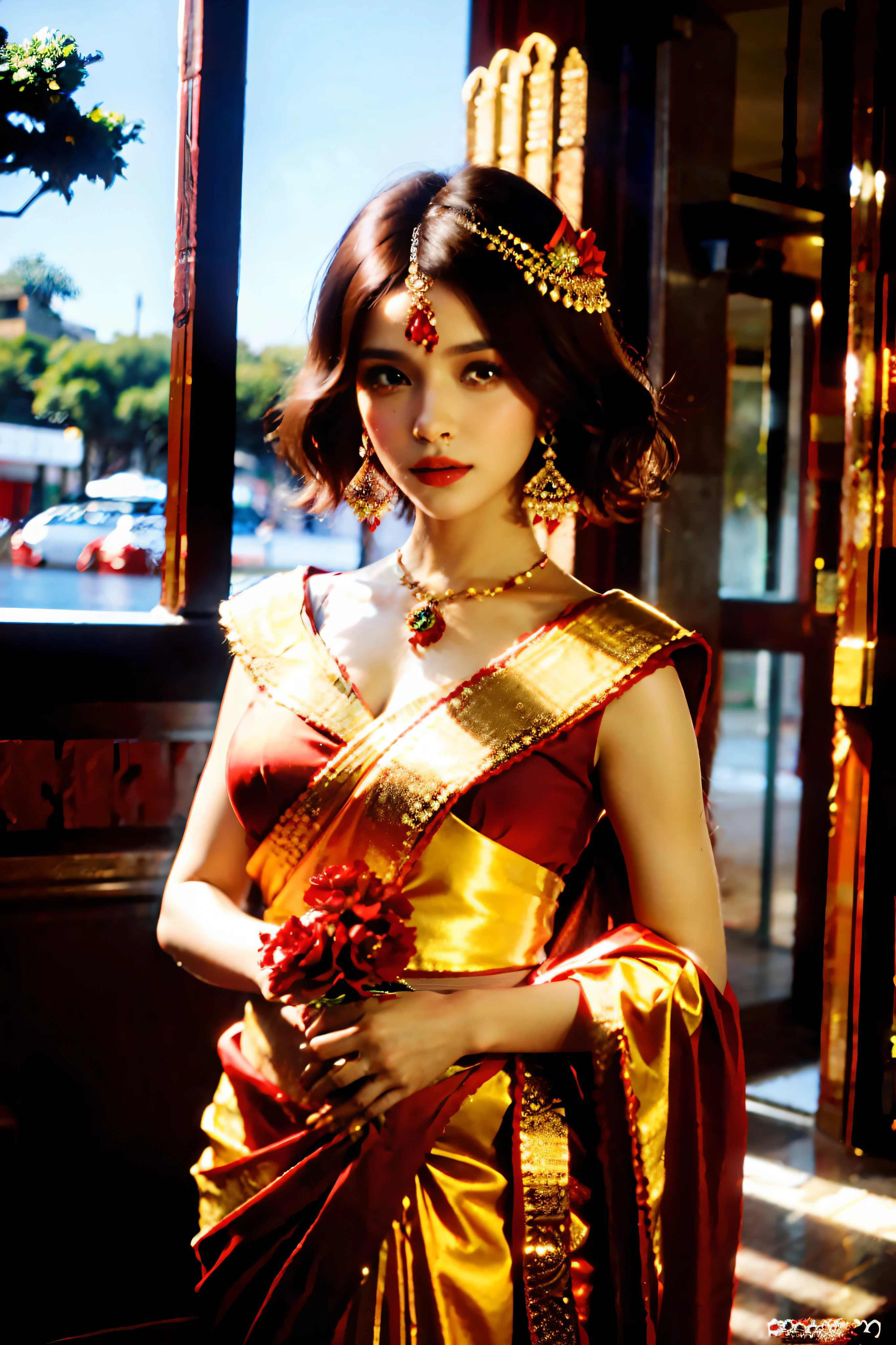 expensive red dress, beautiful indian lady, red sari, short brown hair, flowers in hair, Rajasthan, bride, gold, empress, princess, ultrarealistic, 8k, bokeh