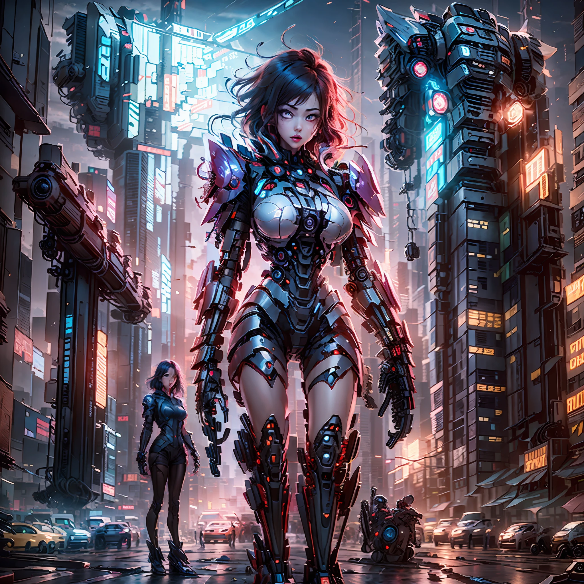 A full-body image of a woman with vibrant blue, purple, and red hair in a cyberpunk-inspired scene, Woman, Vibrant blue hair, Purple hair, Red hair, Cyberpunk art, Digital art, Octane render, Colorful retrofuturism, High resolution 8k, Cybernetic enhancements, Cyberpunk, Retrofuturist, Vibrant, Edgy, Futuristic, High-definition, Ultra high resolution, Cyberpunk, Retrofuturistic, Colorful, Vibrant, Blue, Purple, Red, Futuristic, Vibrant, Edgy.