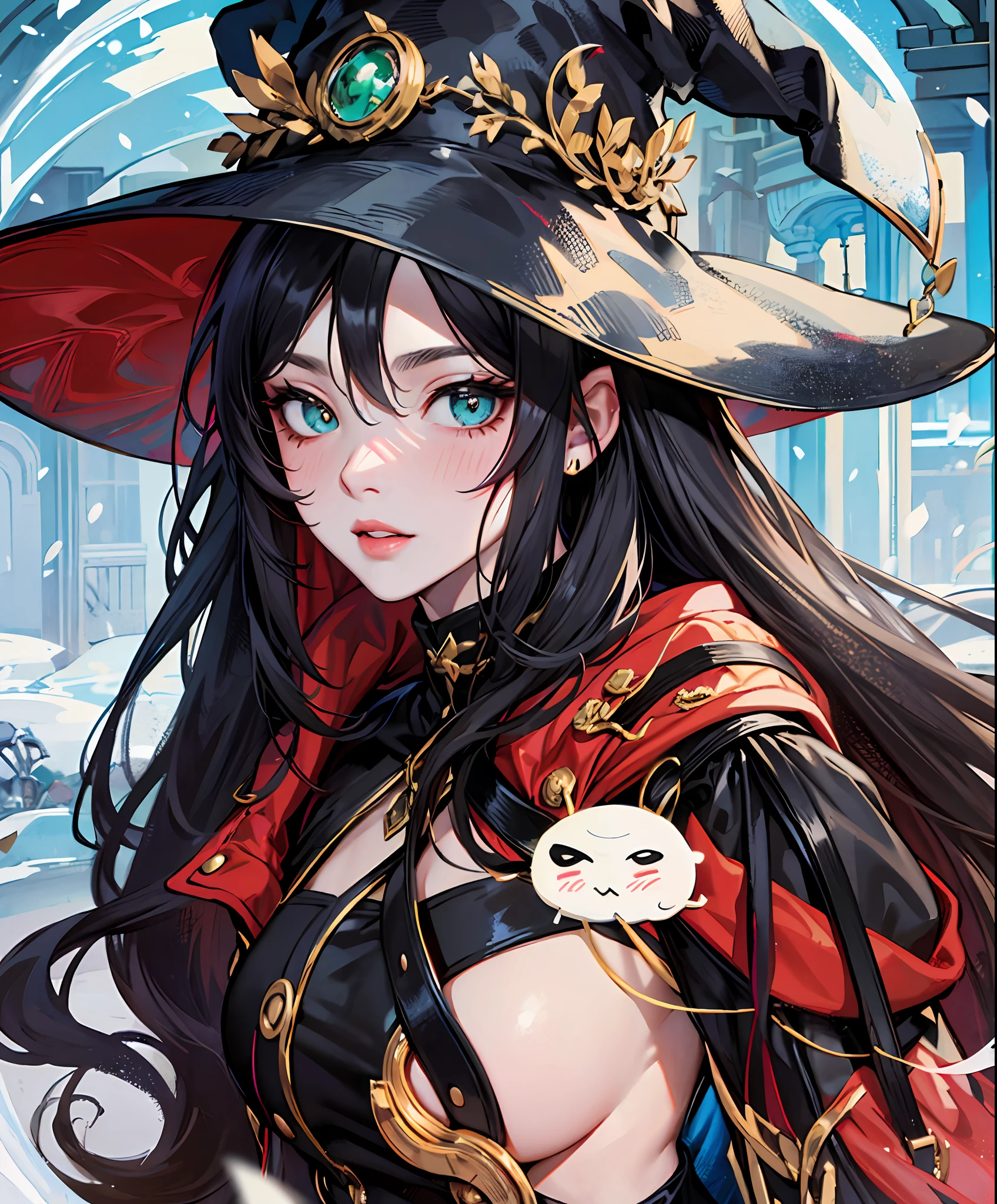 Anime, long black hair that cascades down her back, Her eyes are intensely green, mesmerising and almost always shrouded in a dark aura, Her skin is pale as snow, contrasting with her mysterious appearance and her blushing lips, witch hat, black shorts, wearing boots, costume, 8k, magic, wand in hand, old town setting, medieval --auto --s2