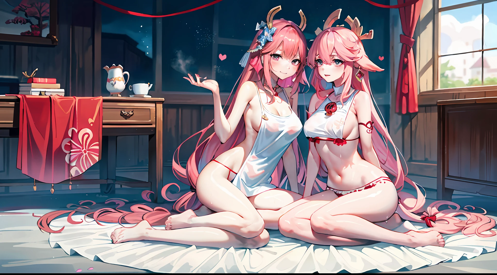 tmasterpiece, Best quality at best, Coral Palace Heart Sea,Beth,Leg clamping,small white panties,Pink Long Hair,hair adornments,No shoes Plump figure,ssmile,1,2,Hentai:1,2,NSFW:1,21,,Be red in the face,Wet sleeveless T-shirt,Best quality