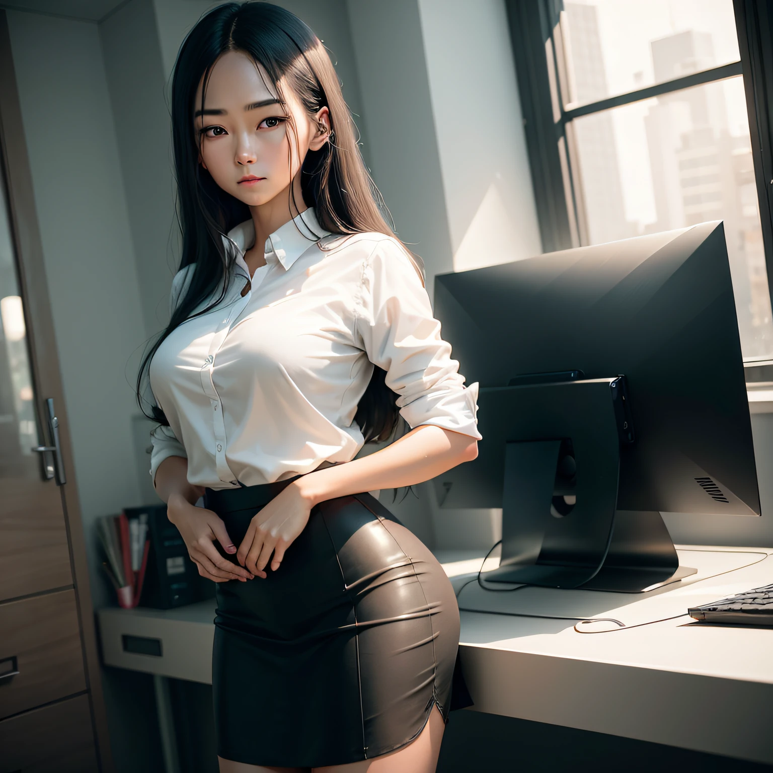 cleanness，White simple shirt，a black skirt，long whitr hair，best qualtiy，8k，tmasterpiece，overall photo，natural soft light，Clear focus，Beauty in style，Highly Detailed Face and Skin Textur，Detailed eyes，二重まぶた，office room --auto