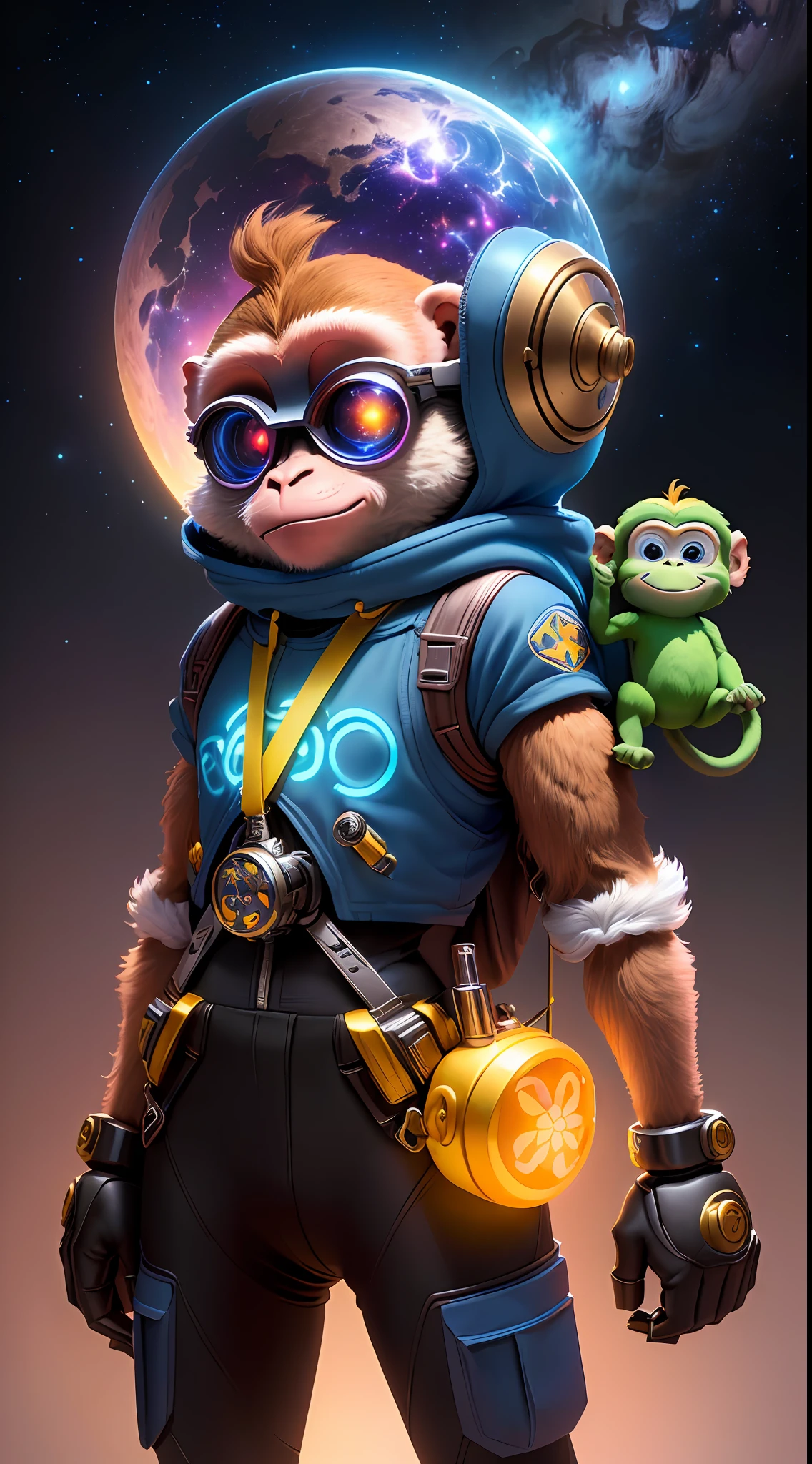 A small monkey,,magical, Anthropomorphic,Upper body length,Short legs, Wear a futuristic machine,Carry mechanical weapons, The background is a colorful universe. pixar animation, Funky blind box, OC Render, Ray traching, High quality, High detail, high resolution, 8K, bust size