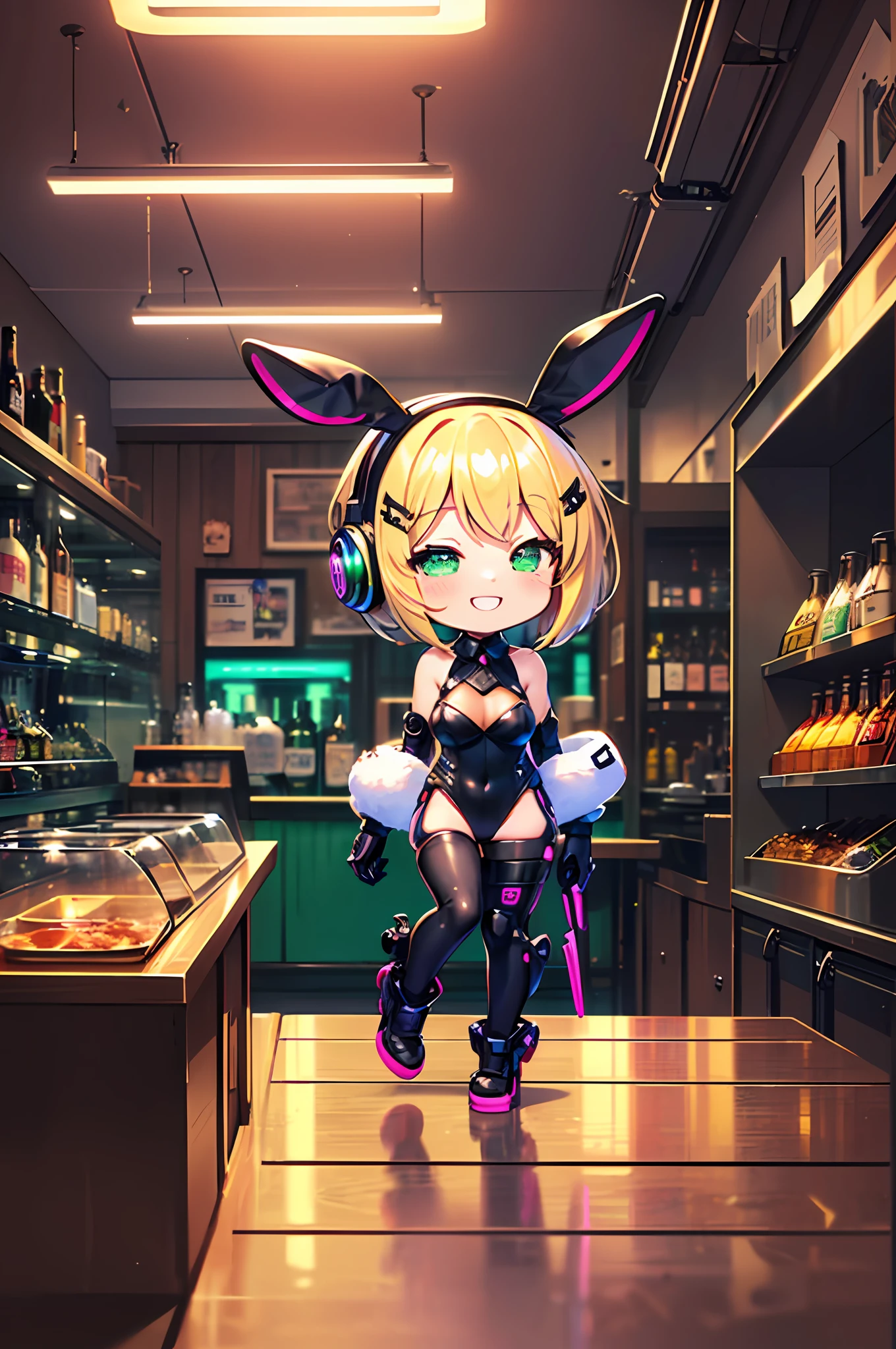 (Chibi:1.3), (half closed eyes, green eyes), (detailed eyes), full body, indoors, on the table, Happy smile, (mechanical bunny girl: 1.1), (golden leotard), rabbit ears, rabbit tail, headphone, (blonde hair, bob cut), (cyberpunk), (bar), counter, wine, whiskey, bourbon, neon signboard, (Nendoroid),