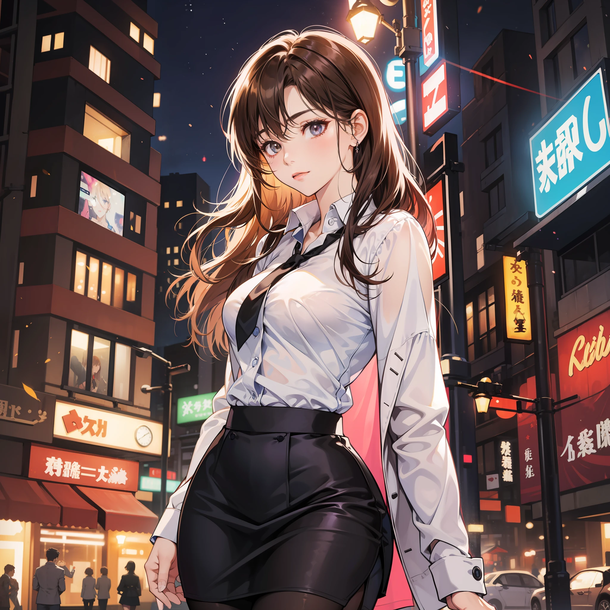 Anime girl in a skirt and shirt walking down a city street - SeaArt AI