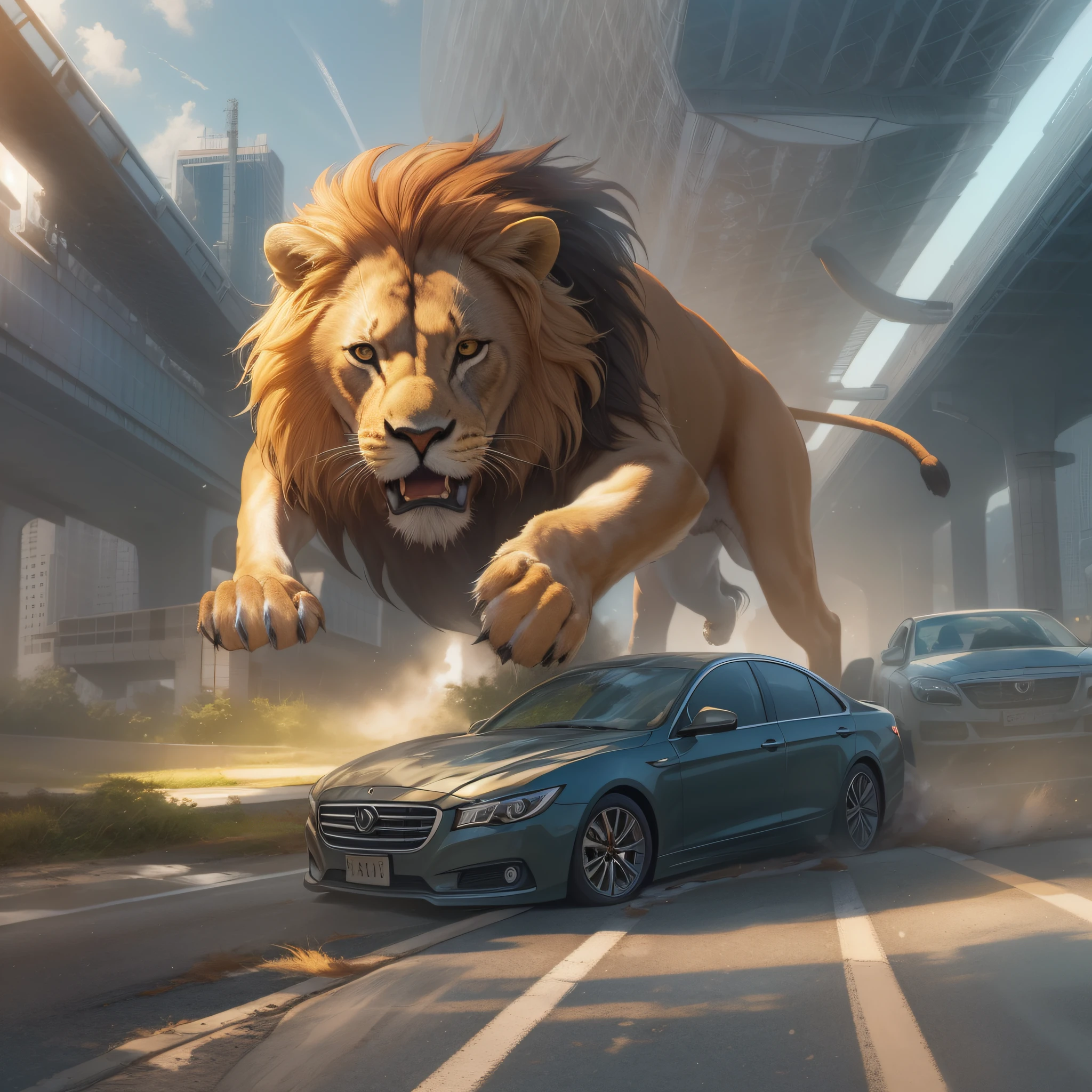 In the picture, a lion collides with a car on the highway,strike,Make the image more visually striking,best qualtiy,tmasterpiece,4k,Estilo de Makoto Shinkai,illustration