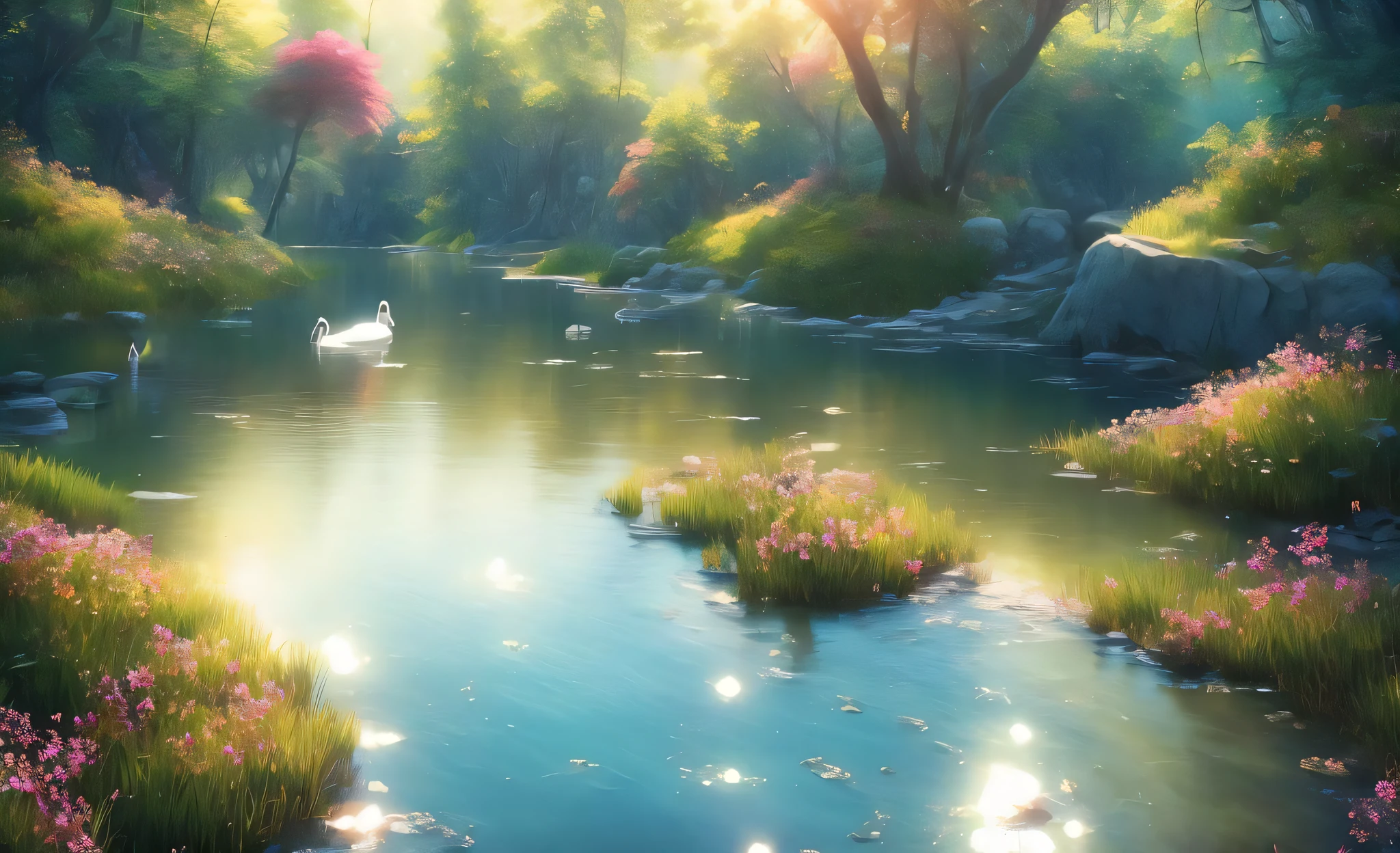 Analog style, ChromaV5, nvinkpunk,(extremely detailed CG unity 8k wallpaper), serene and peaceful Landscape featuring a winding river as the focal point, surrounded by lush green trees and wildflowers, The river sparkles in the sunlight, and the peacefulness of the scene is heightened by the presence of a couple of swans swimming on the river, the water is crystal clear, oil paiting, award winning photography, Bokeh, Depth of Field, HDR, bloom, Chromatic Aberration ,Photorealistic,extremely detailed, trending on artstation, trending on CGsociety, Intricate, High Detail, dramatic, art by midjourney