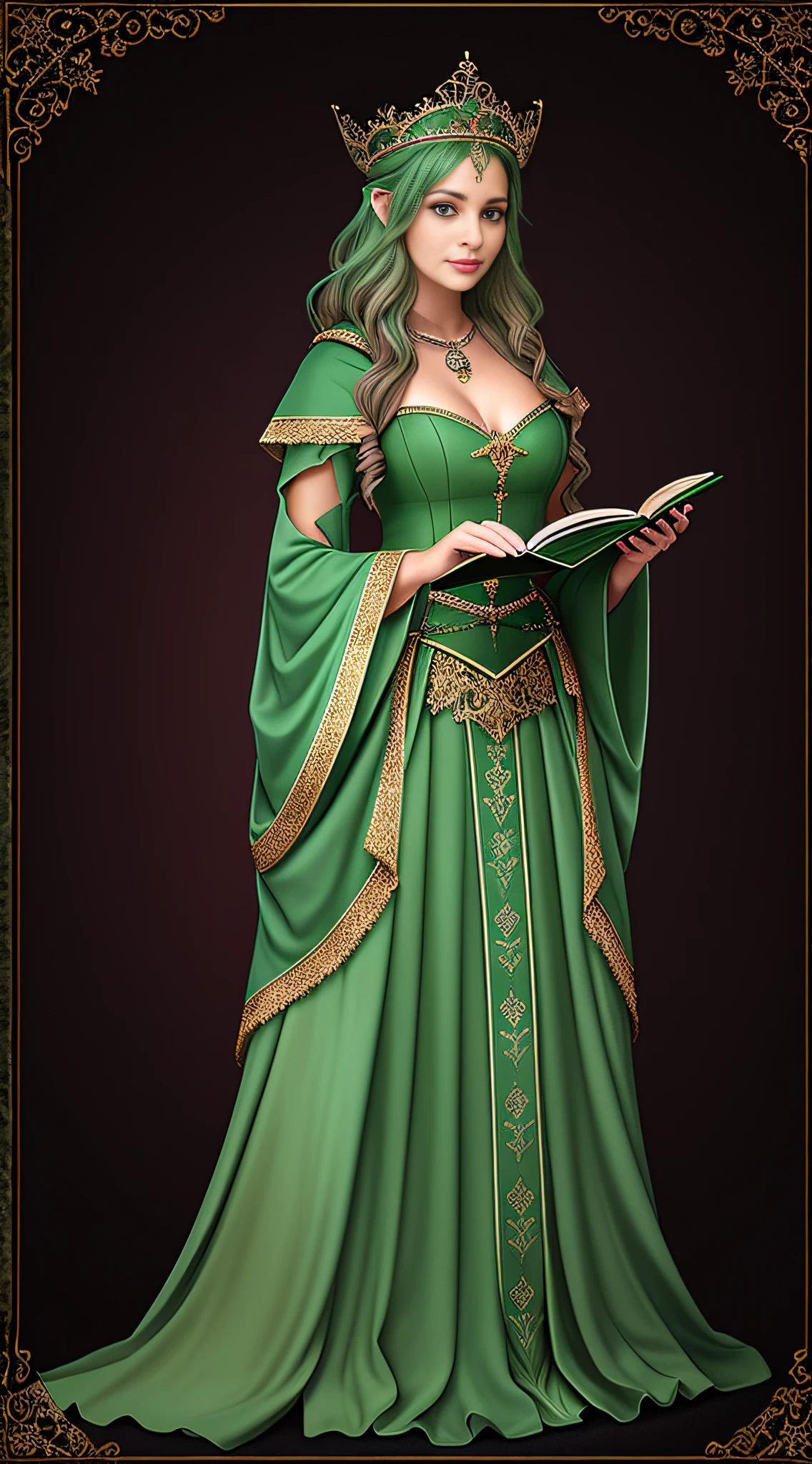 idade 30 anos, um close up de uma mulher em um vestido verde segurando um livro, render de mirabel madrigal, elfo bonito com vestes ornamentadas, personagem de fantasia hiperdetalhado, female cleric, pretty female cleric, Retrato de um mago feminino, Retrato da feiticeira feminina, uma bela feiticeira, beautiful sorceress female, elfo feminino bonito e elegante, segurando um livro