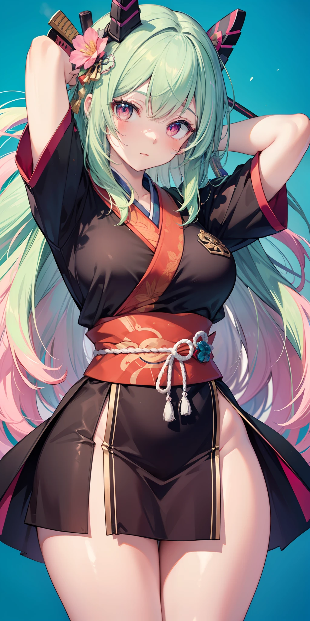 ((best quality)), ((masterpiece)), (detailed), samurai style, Mitsuri Kanroji character, 1girl best quality, portrait, ultra detailed, pretty face, perfect anatomy, soil, pale skin, giant pink green hair , perfect hair, bangs, eyes, pupil, perfect outfit, arms, hands, thick legs, big thigh, possession, blue background, fortnite,
INFO