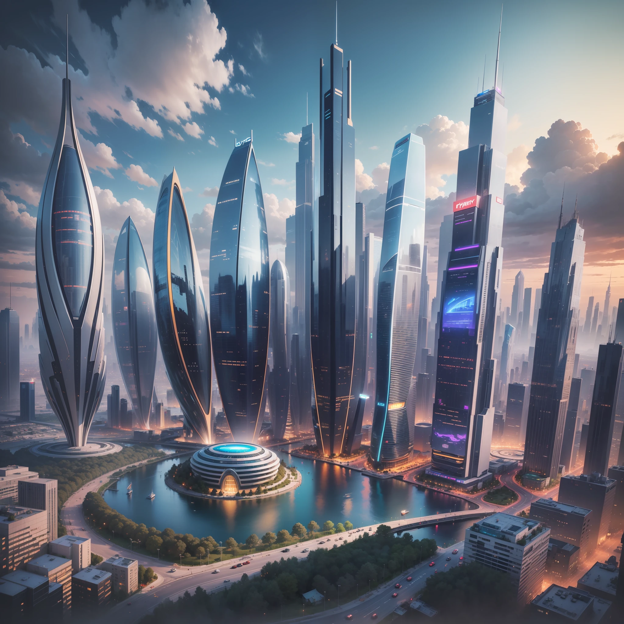 Skyscrapers seen from the ground cyberpunked epcot SF futuristic cities top-quality masterpiece 超A high resolution dream Megacities Beautiful Buildings