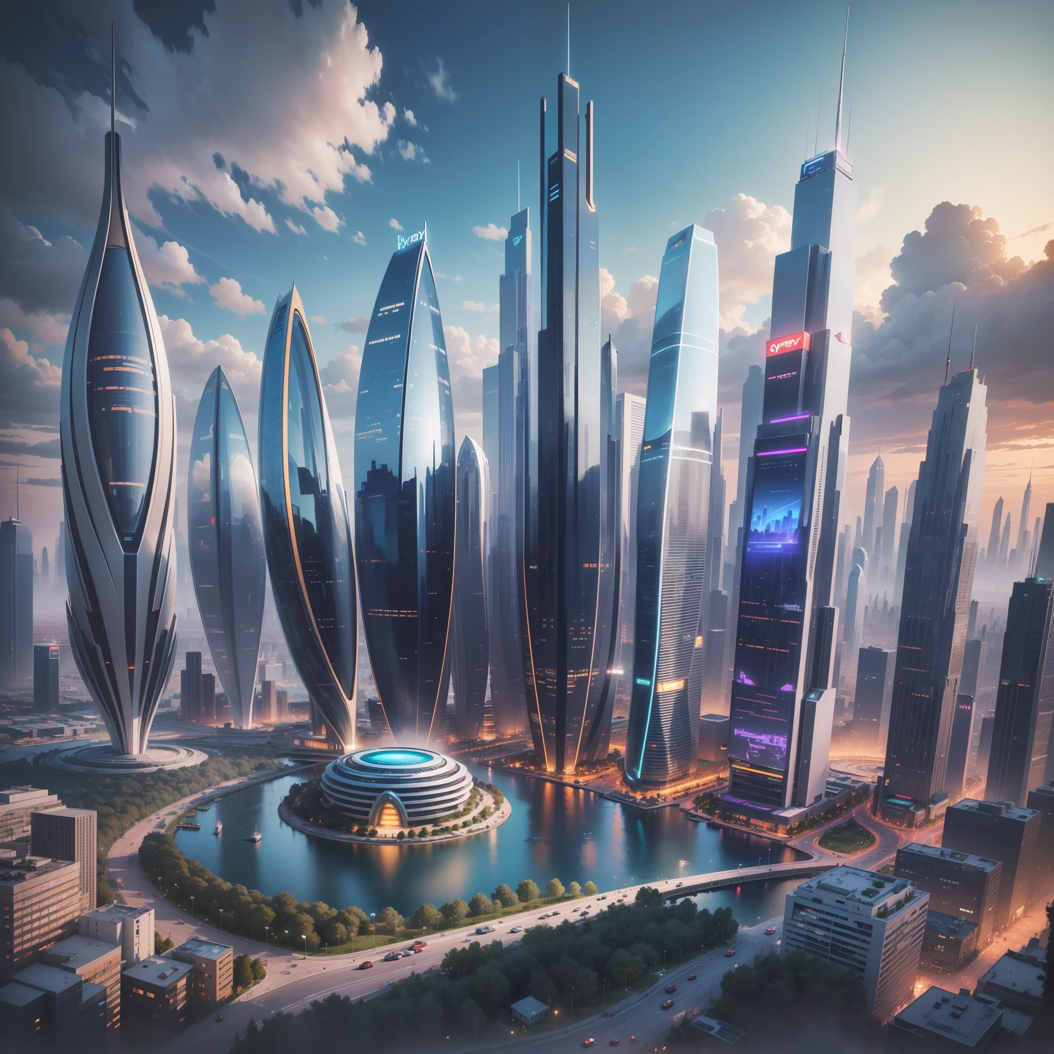 Skyscrapers seen from the ground　cyberpunked　epcot　SF　futuristic cities　 top-quality　​masterpiece　超A high resolution　dream　Megacities　Beautiful Buildings