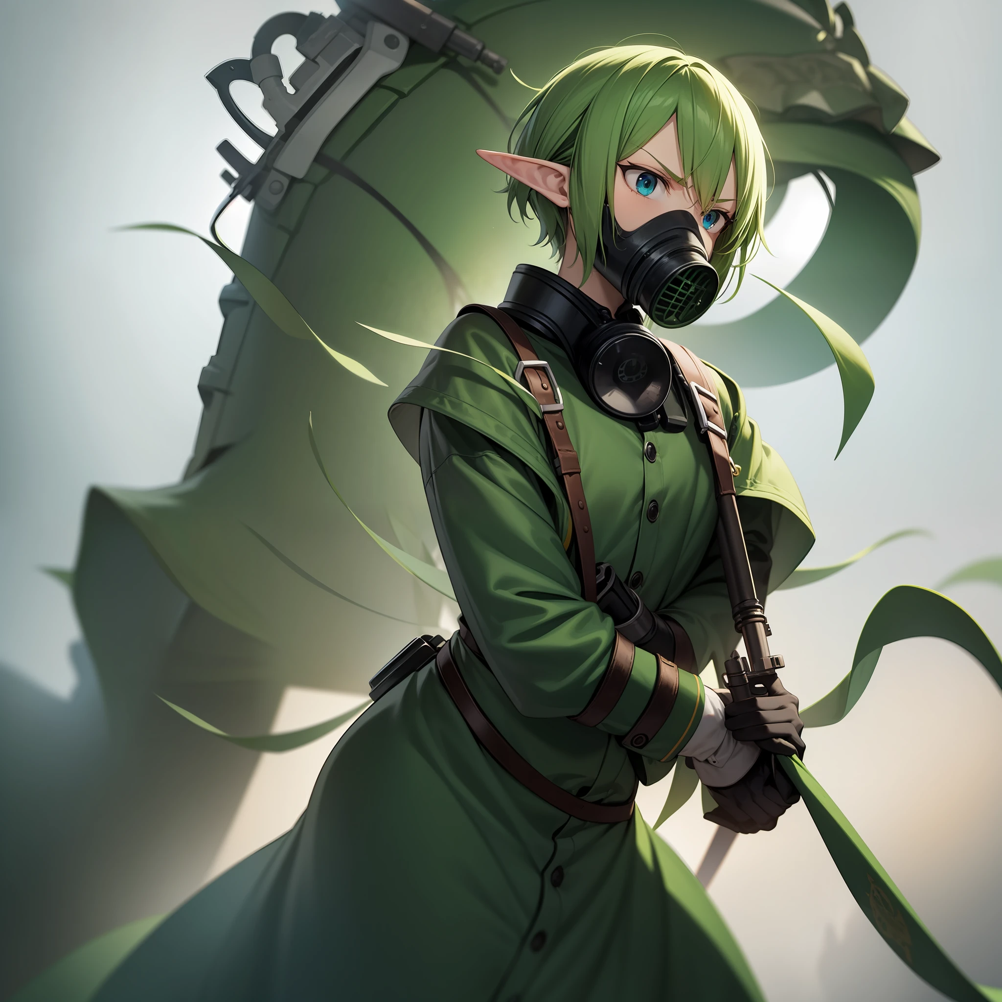 serious look elf, creepy, with gas mask, green short hair